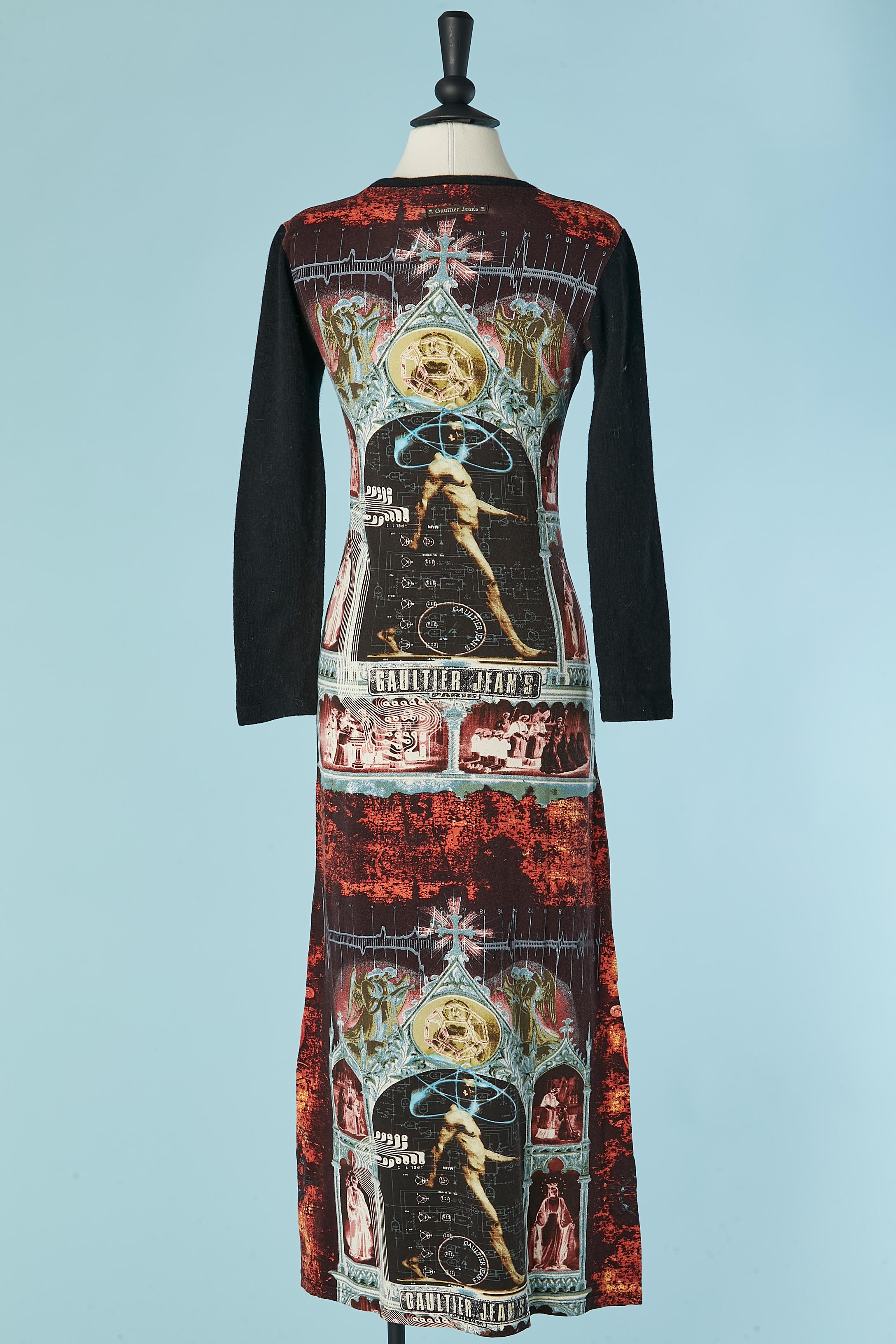 Long jersey printed dress with black knit sleeve GAULTIER JEANS In Excellent Condition For Sale In Saint-Ouen-Sur-Seine, FR
