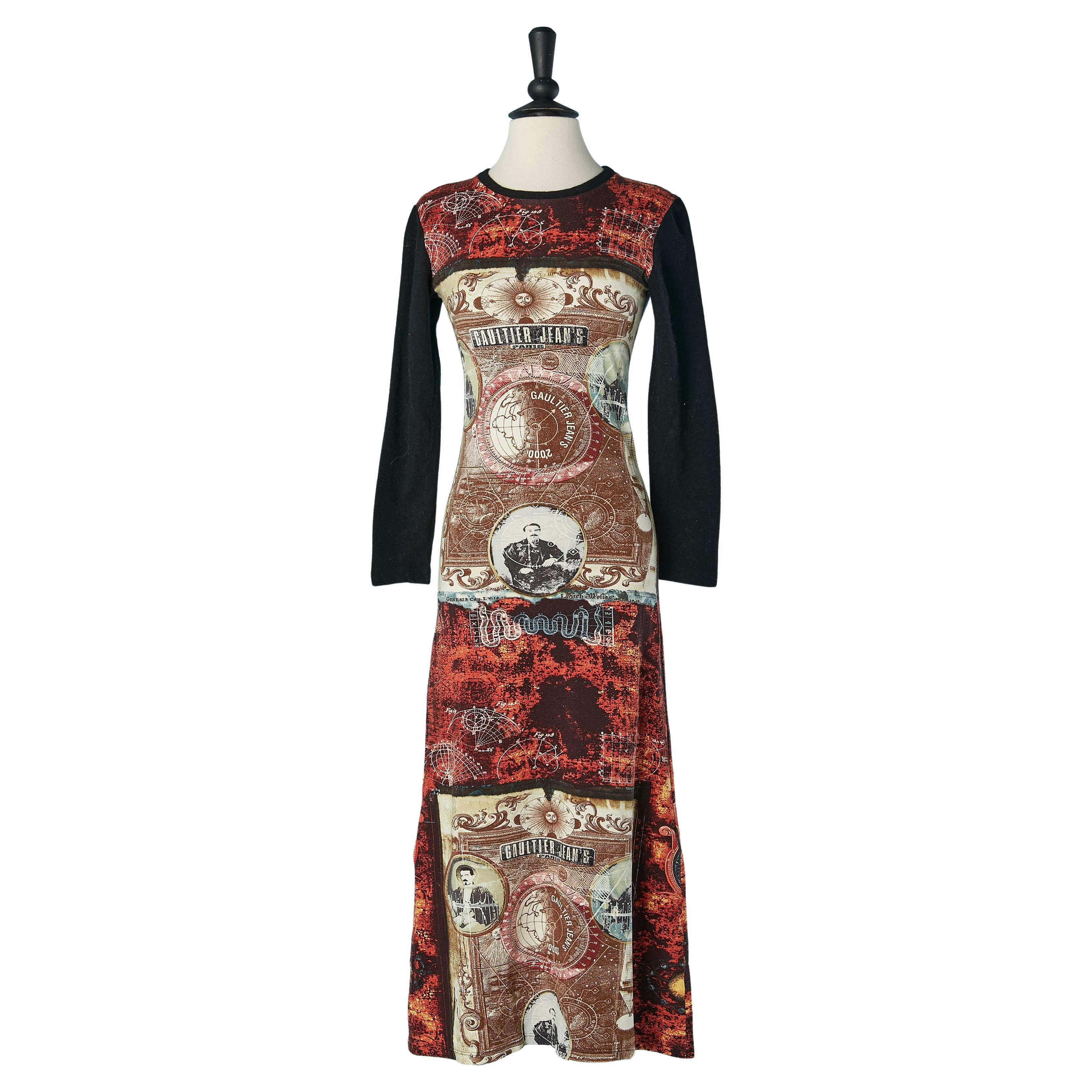 Long jersey printed dress with black knit sleeve GAULTIER JEANS For Sale