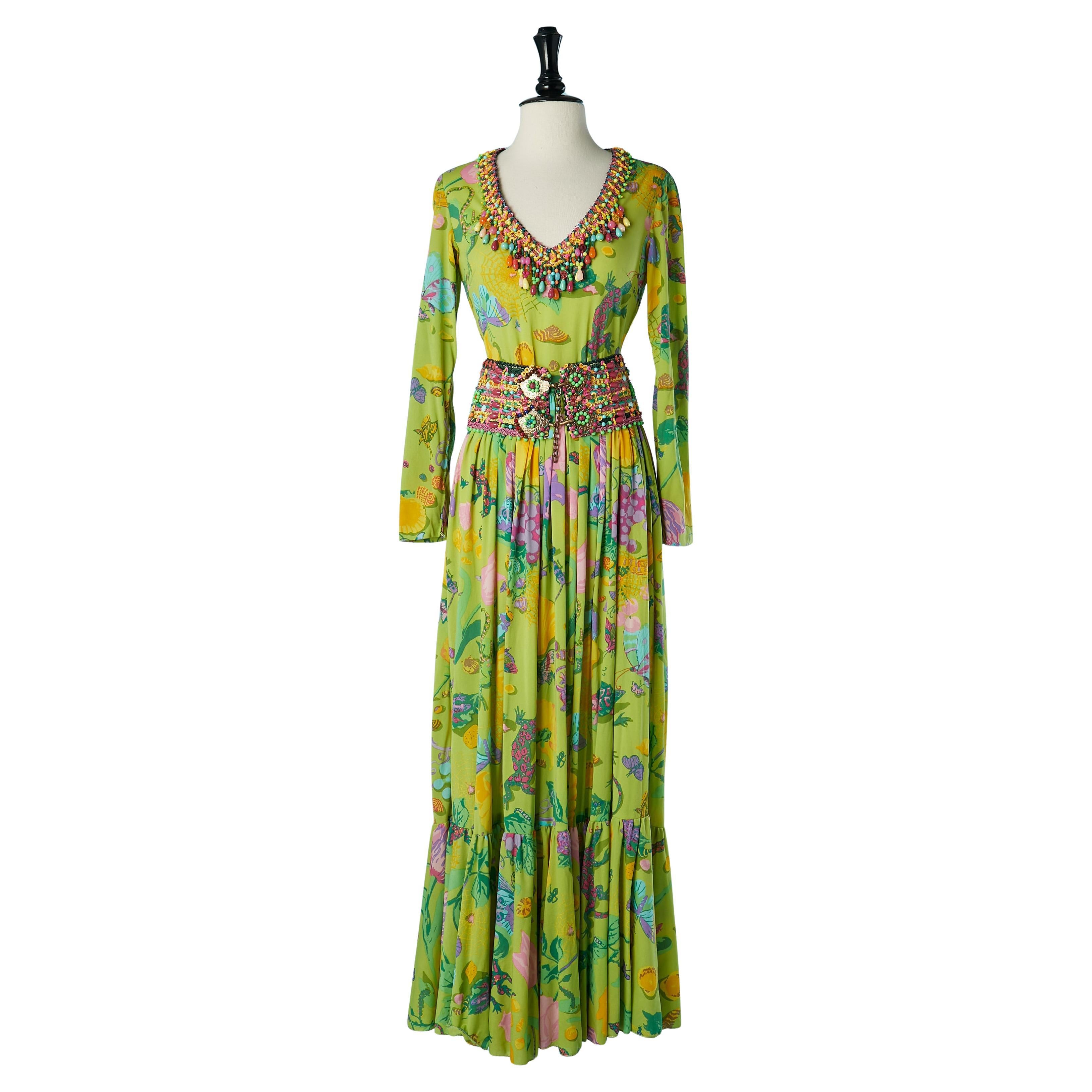 Long jersey printed evening dress with beadwork KEN SCOTT For Sale