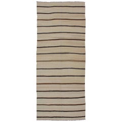 Vintage Long Kilim Flat-Weave Wide Runner with Neutral Background and Stripe Design