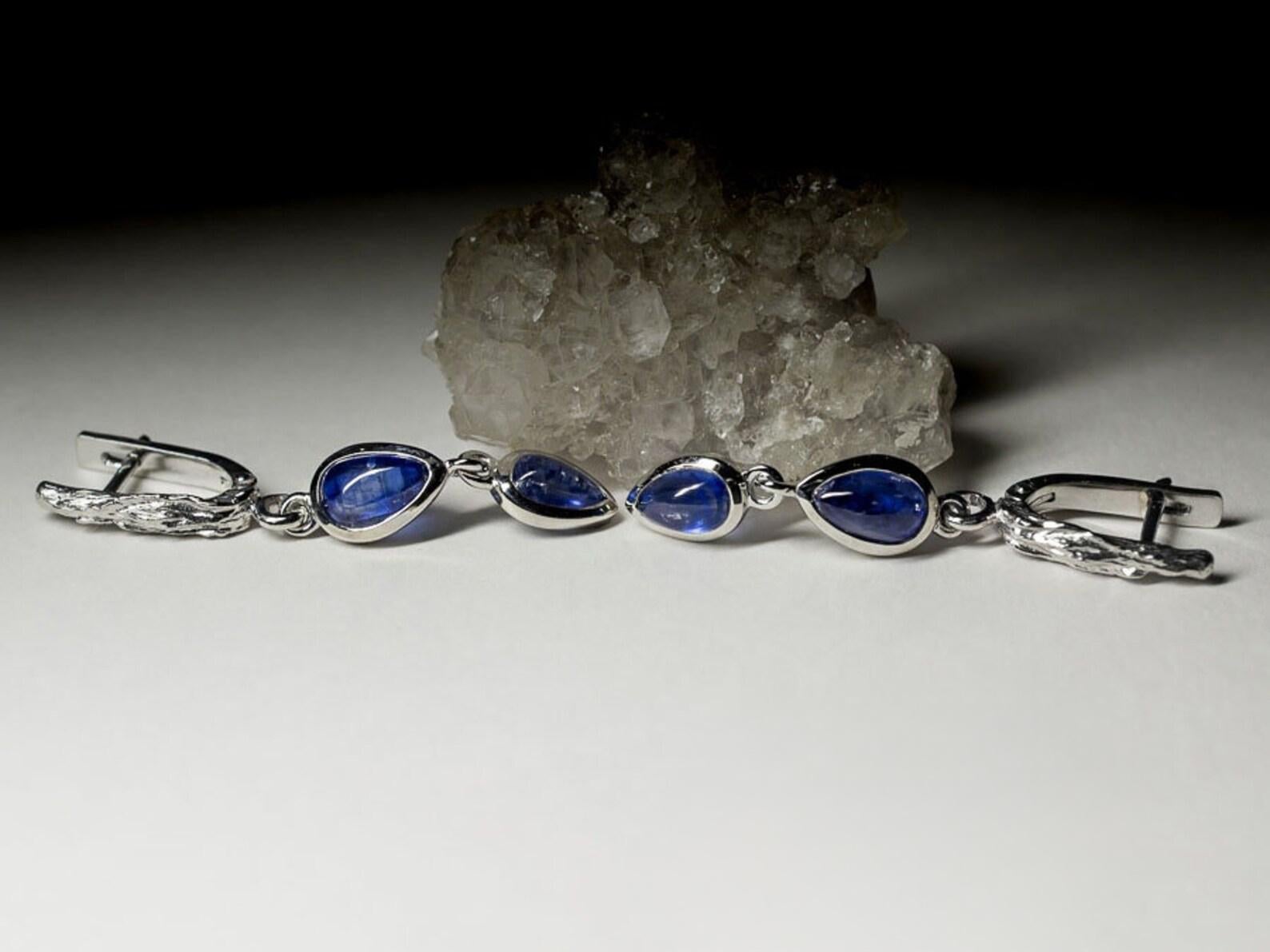 Long Kyanite Silver Earrings Dark Cobalt Blue Color Translucent Nepali Gemstone For Sale 1