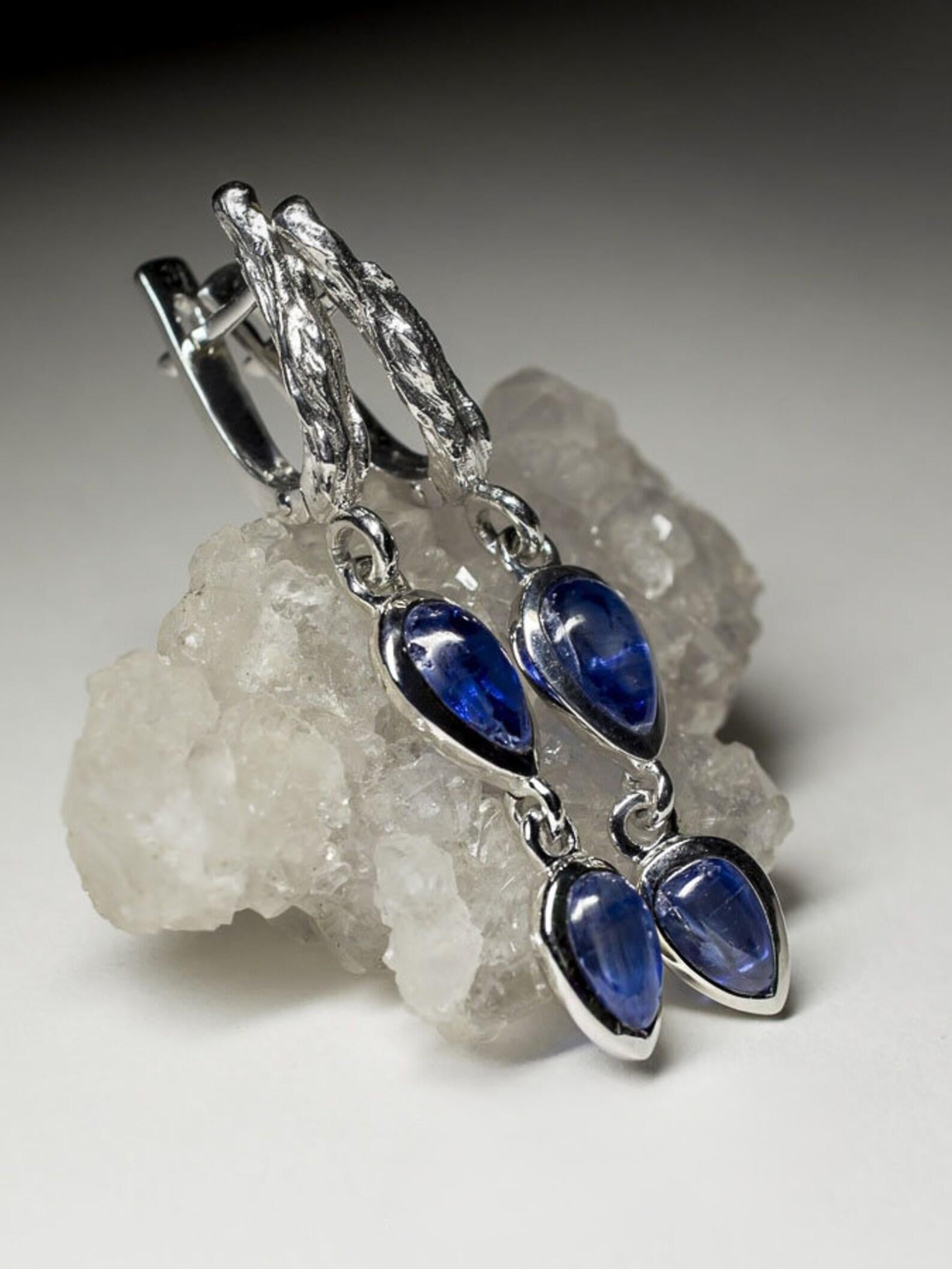 Artisan Long Kyanite Silver Earrings Dark Cobalt Blue Color Translucent Nepali Gemstone For Sale