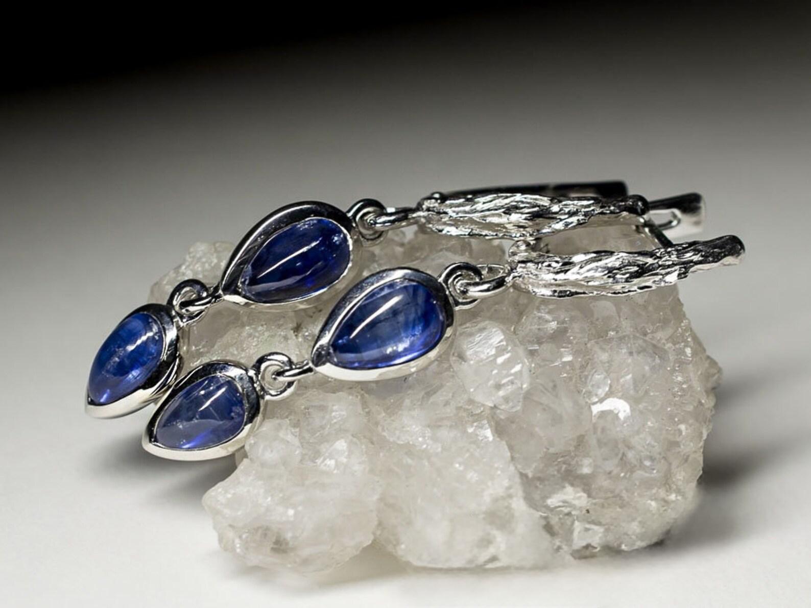 Women's or Men's Long Kyanite Silver Earrings Dark Cobalt Blue Color Translucent Nepali Gemstone For Sale