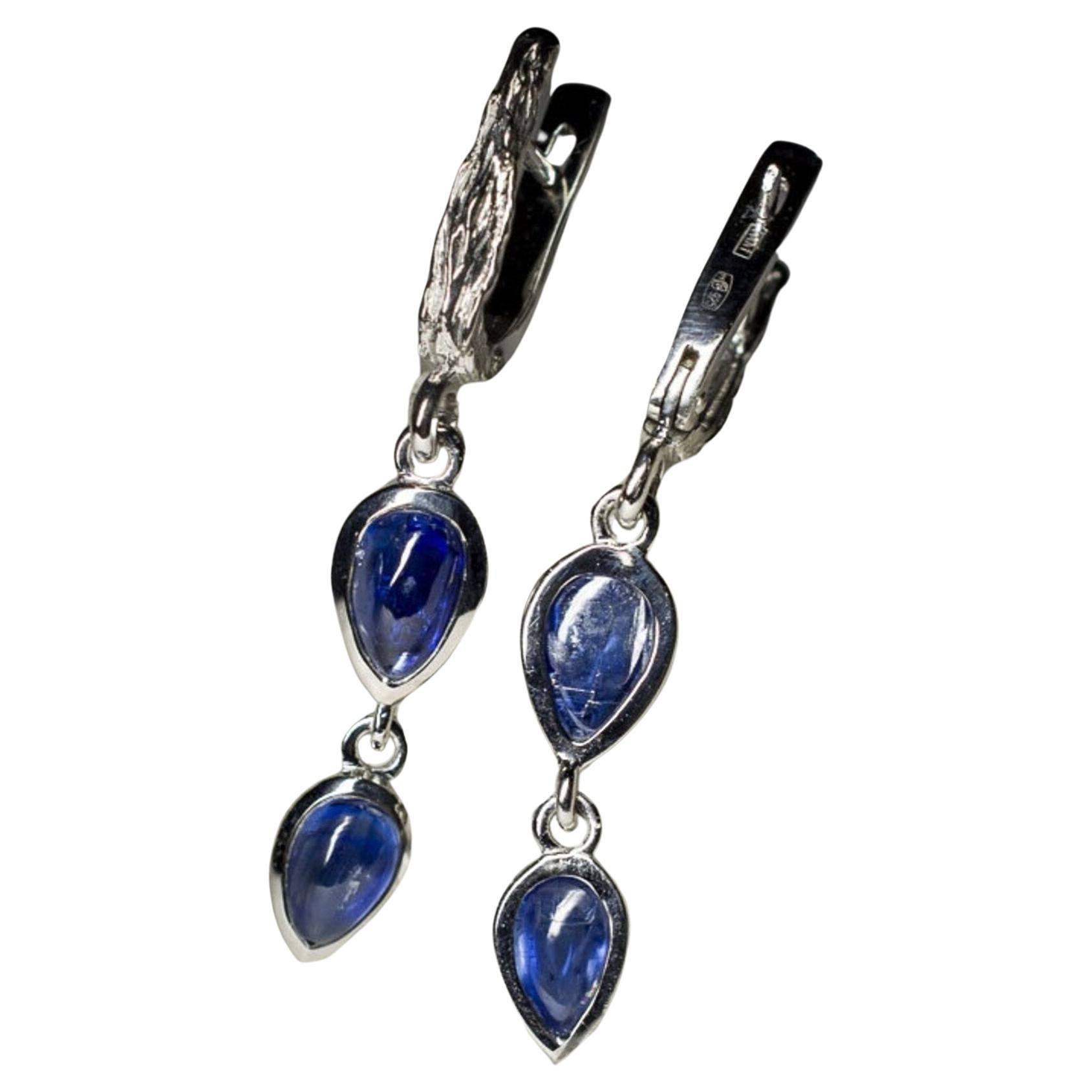 Long Kyanite Silver Earrings Dark Cobalt Blue Color Translucent Nepali Gemstone For Sale
