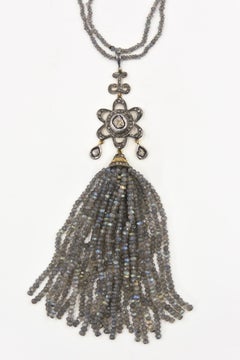 Long Labradorite Bead with Rose Cut Diamond Floral Drop Tassel Necklace