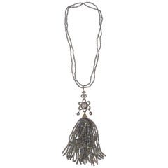 Long Labradorite Bead with Rose Cut Diamond Floral Drop Tassel Necklace