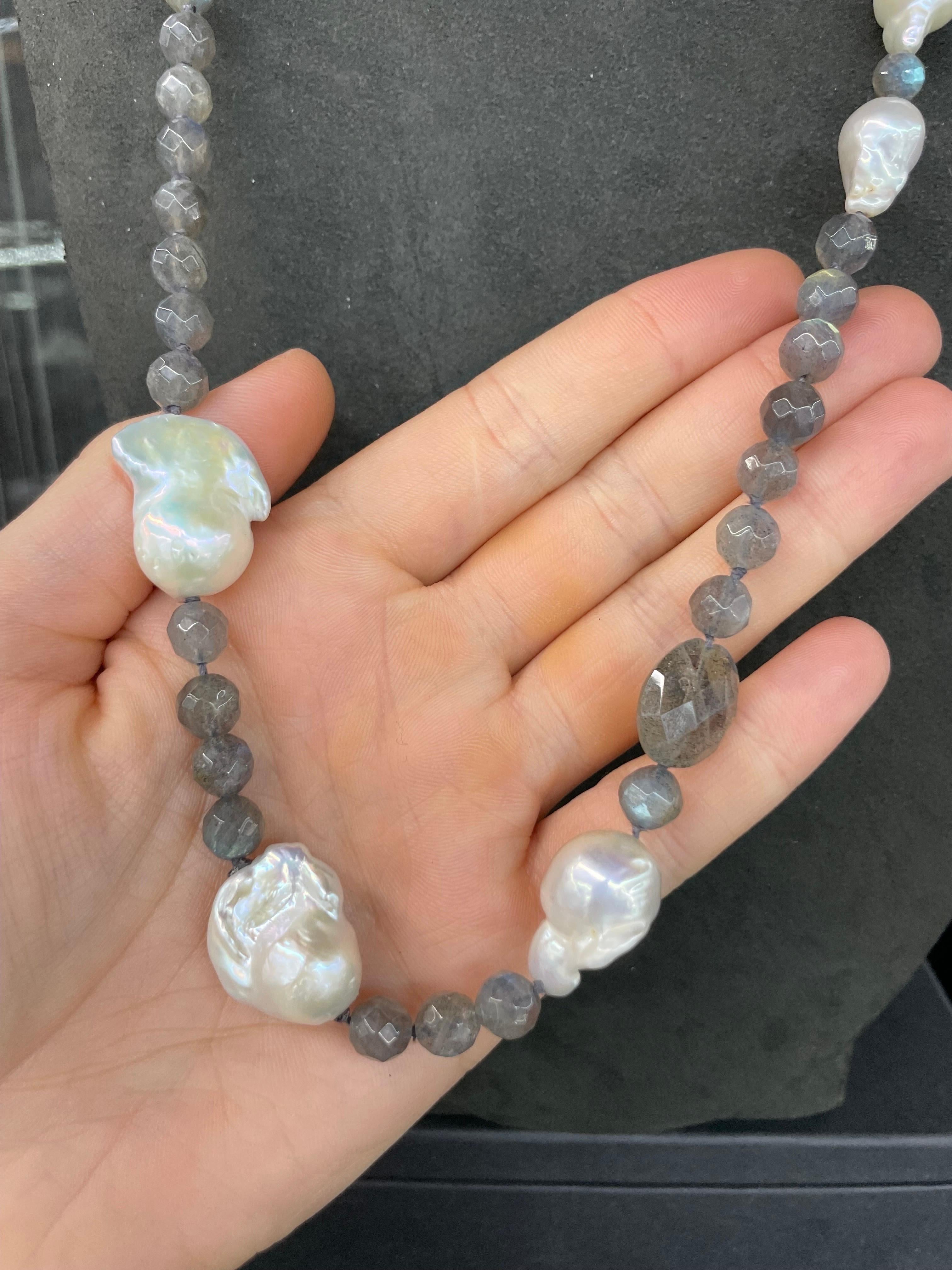 Contemporary Long Labradorite Nugget Baroque White Pearl Beaded Necklace 44 Inches For Sale