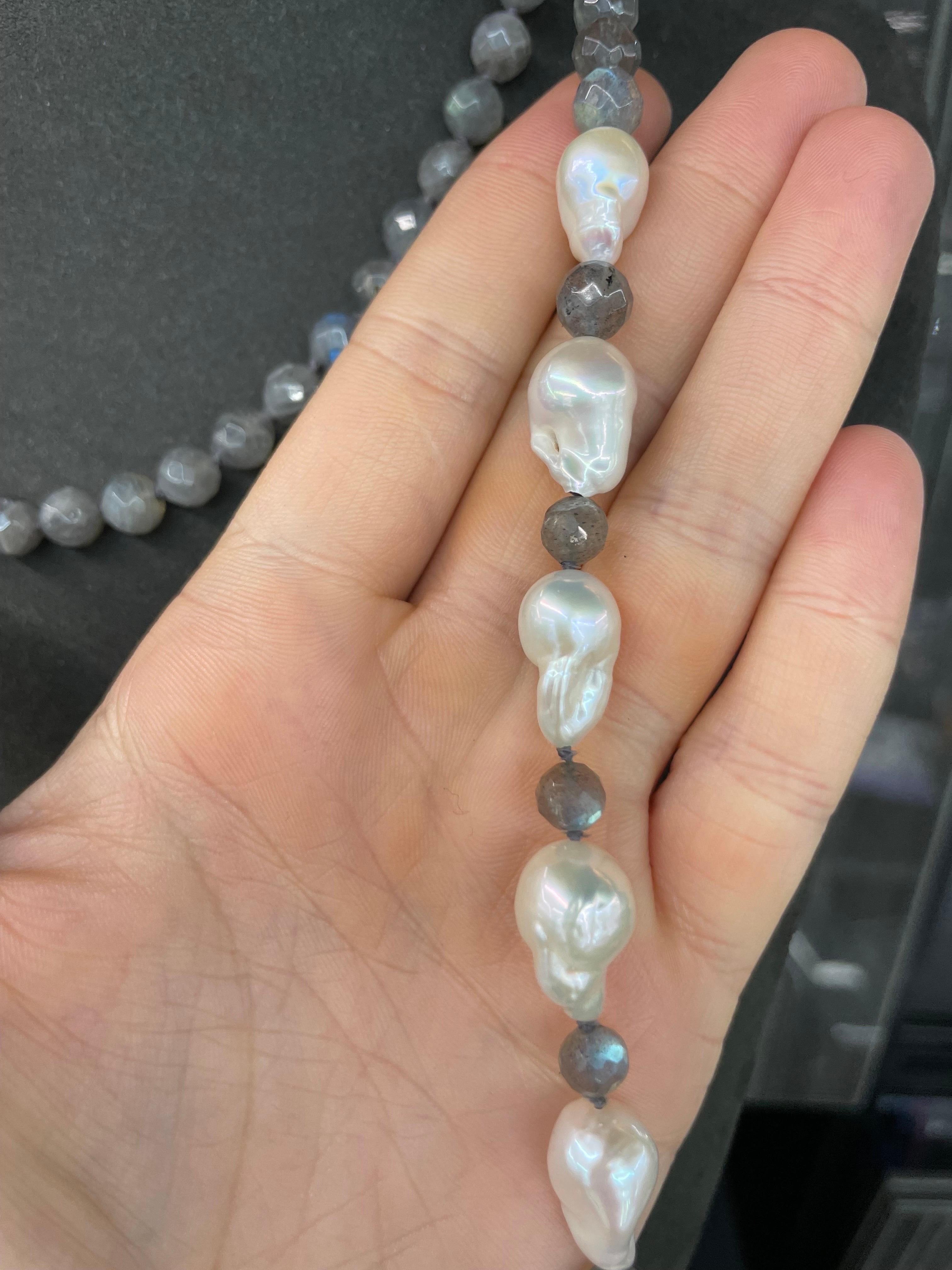 Round Cut Long Labradorite Nugget Baroque White Pearl Beaded Necklace 44 Inches For Sale