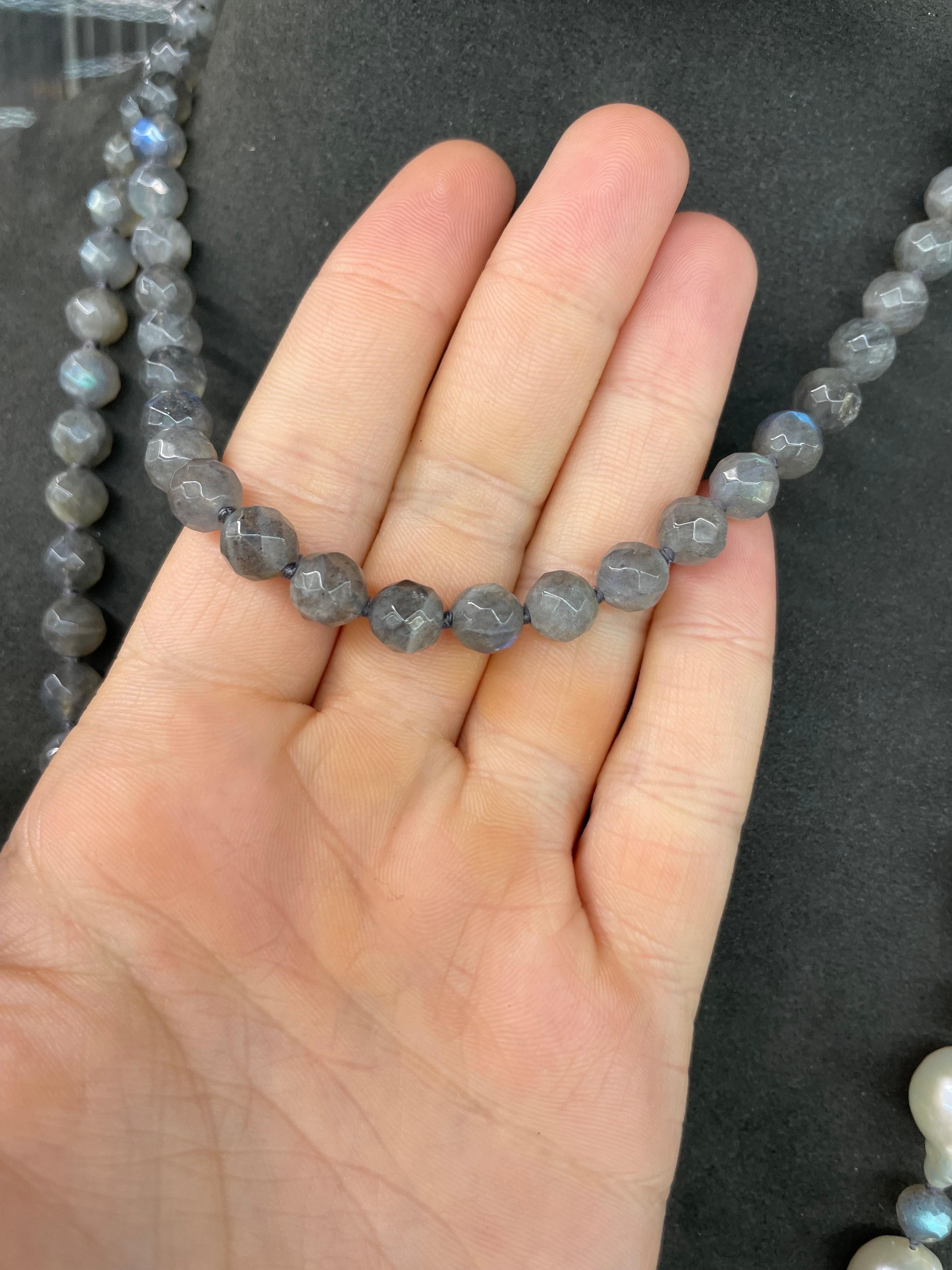 Long Labradorite Nugget Baroque White Pearl Beaded Necklace 44 Inches In New Condition For Sale In New York, NY
