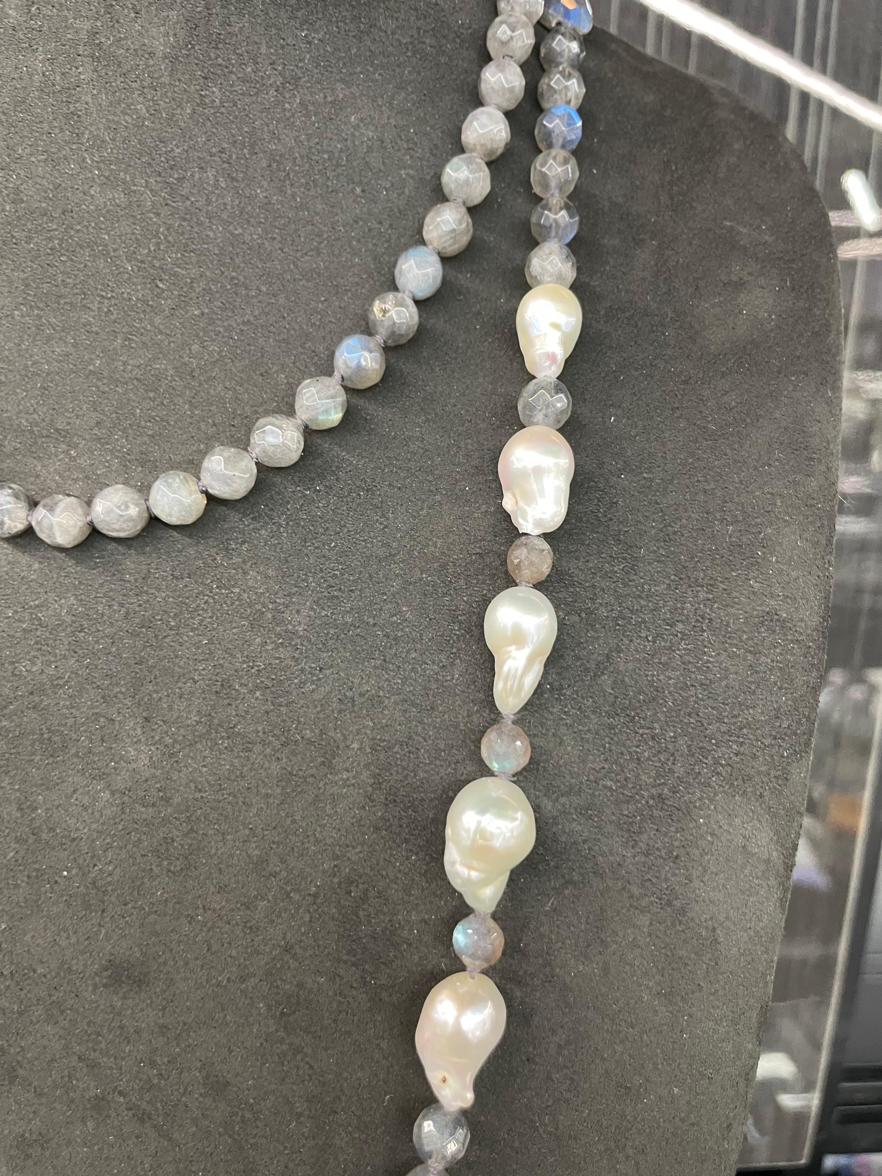 Women's Long Labradorite Nugget Baroque White Pearl Beaded Necklace 44 Inches For Sale