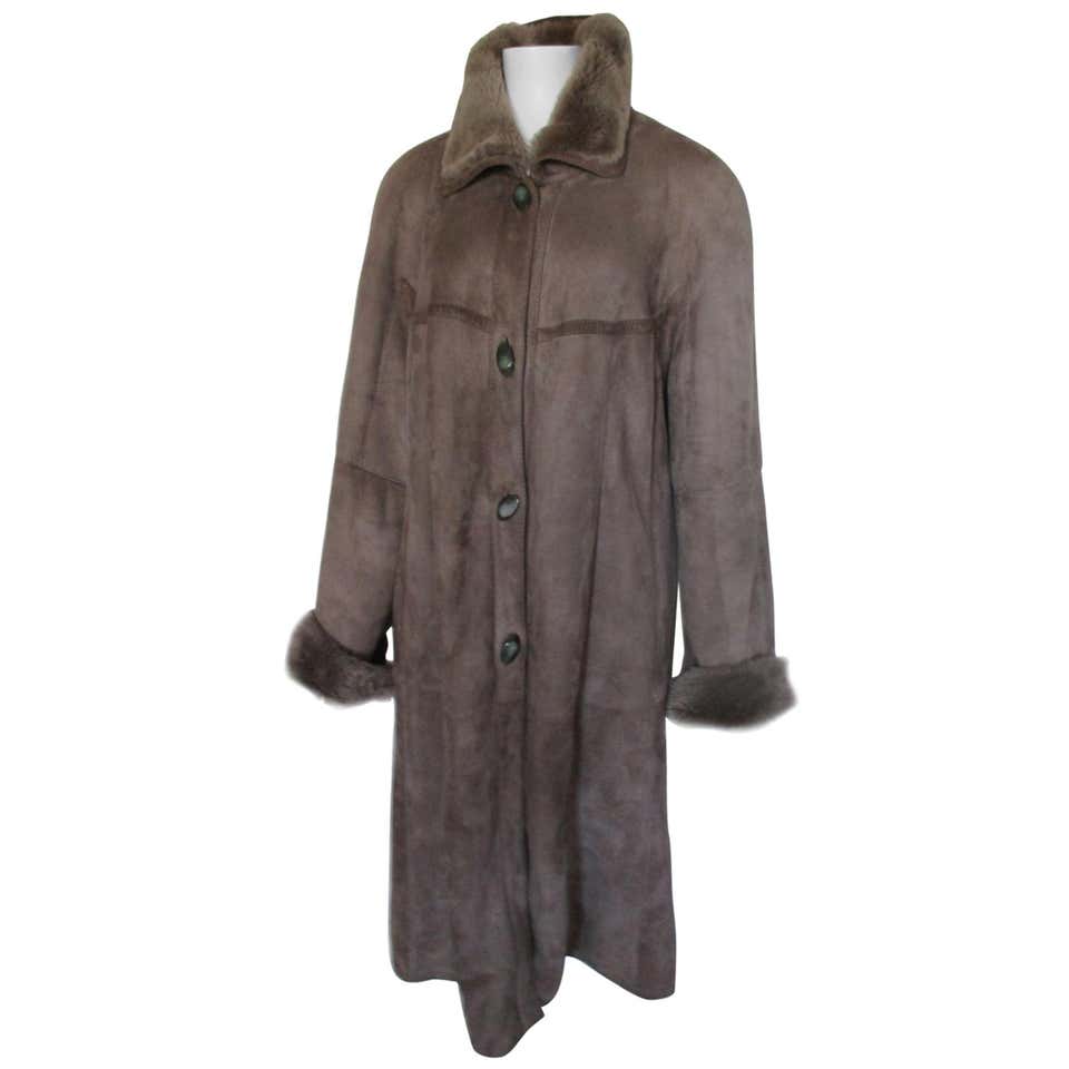 Long Leather Trench Coat with Detachable Faux Fur Hood For Sale at ...