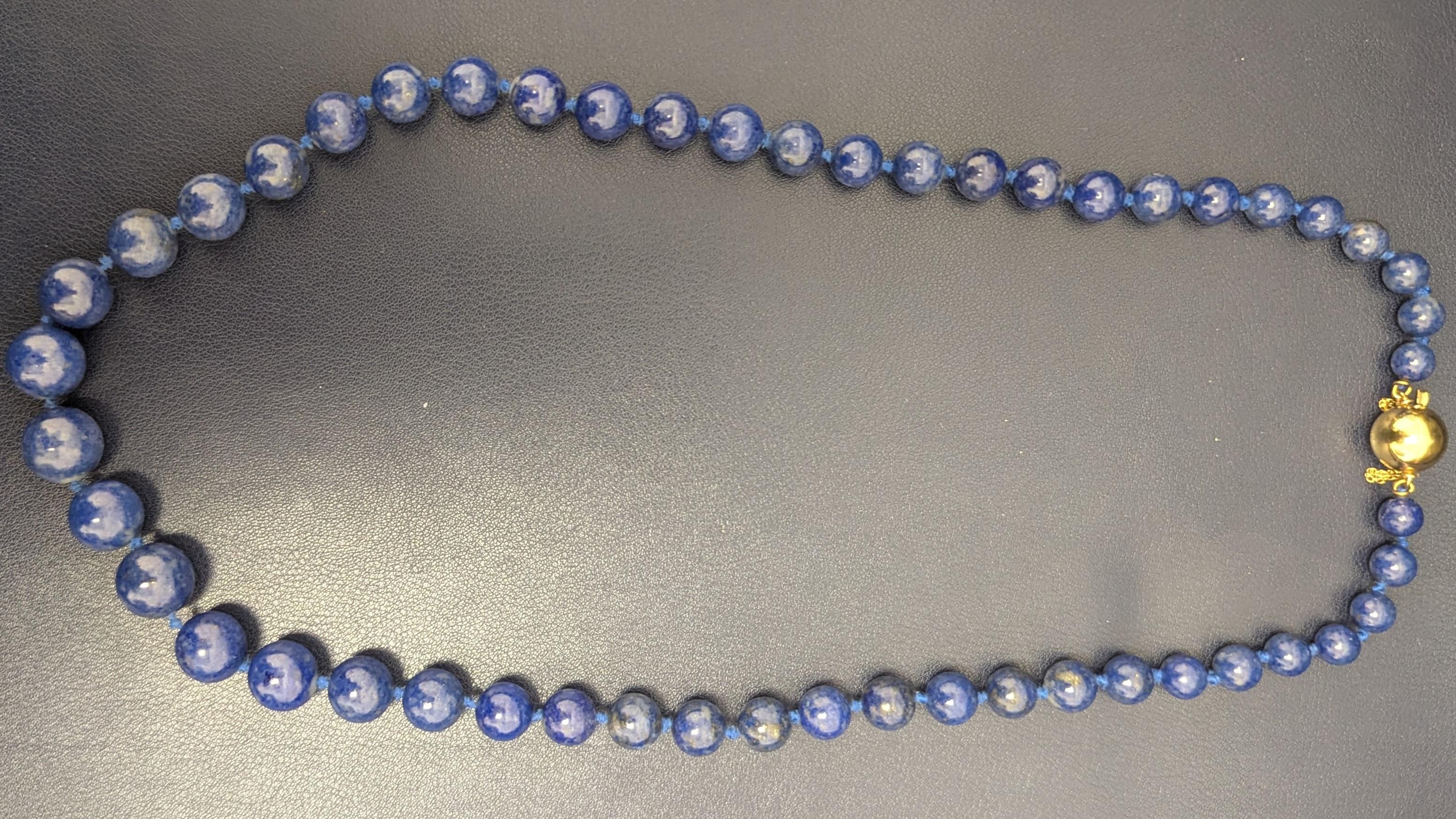 Women's Long Graduating Lapis Bead Necklace with 14K Yellow Gold Clasp For Sale
