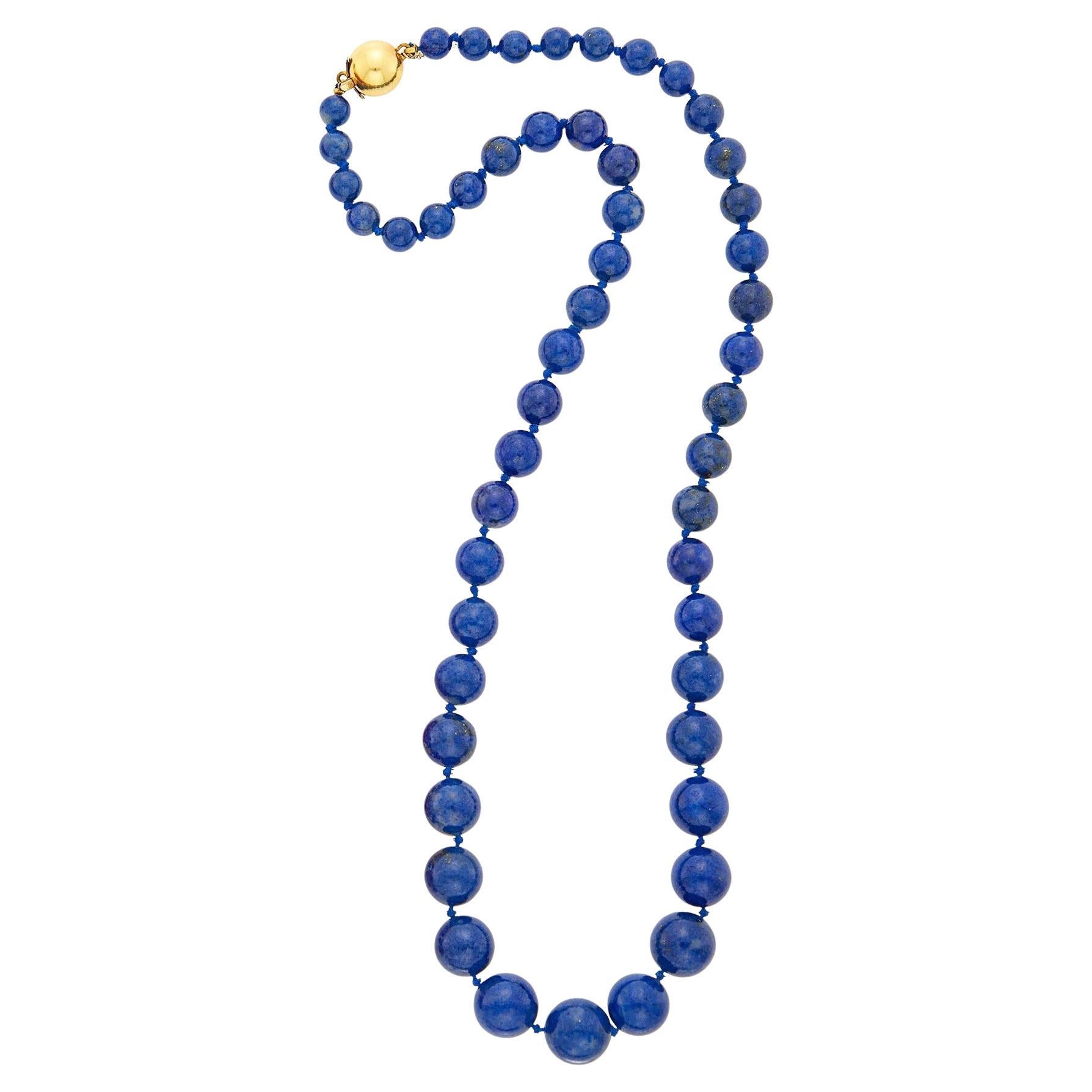 Long Graduating Lapis Bead Necklace with 14K Yellow Gold Clasp