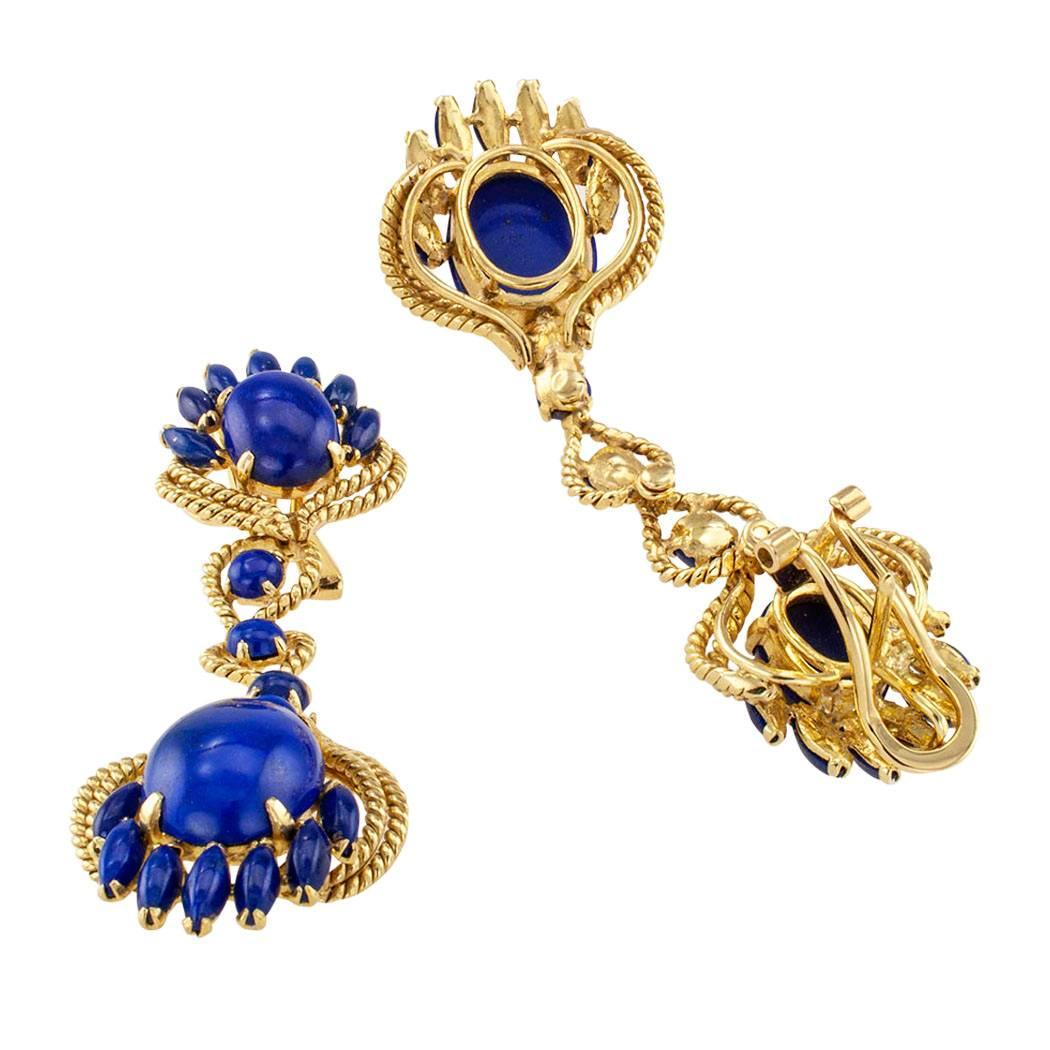 Modern Long Lapis Lazuli Gold Pendent Earrings