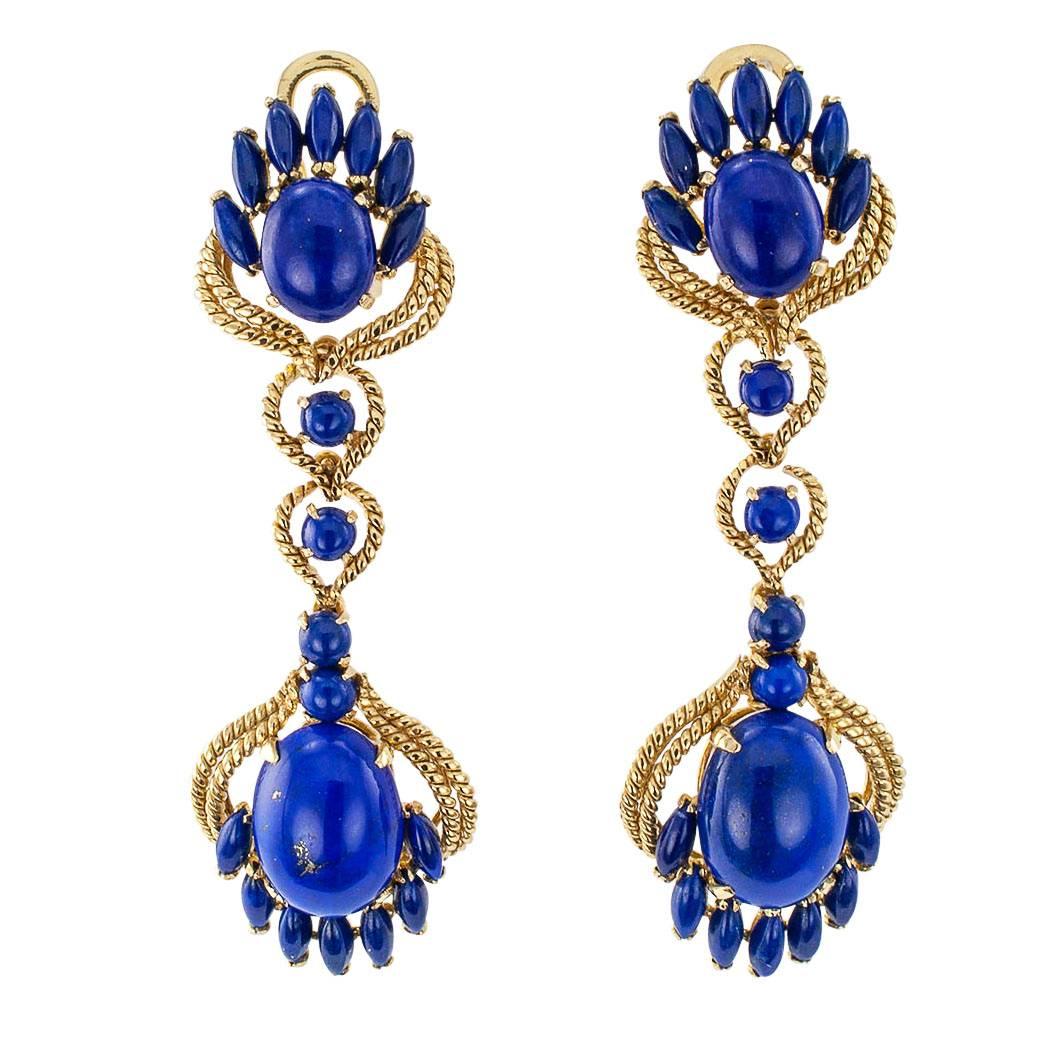 Long Lapis Lazuli Gold Pendent Earrings