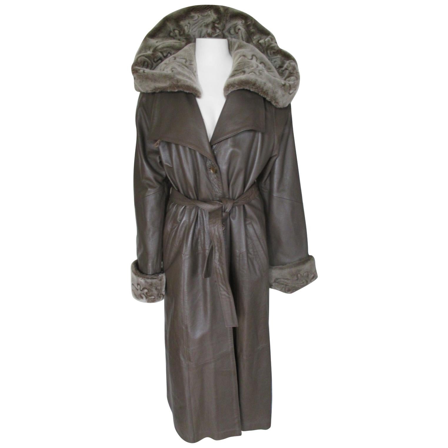 Long Leather Trench Coat with Detachable Faux Fur Hood