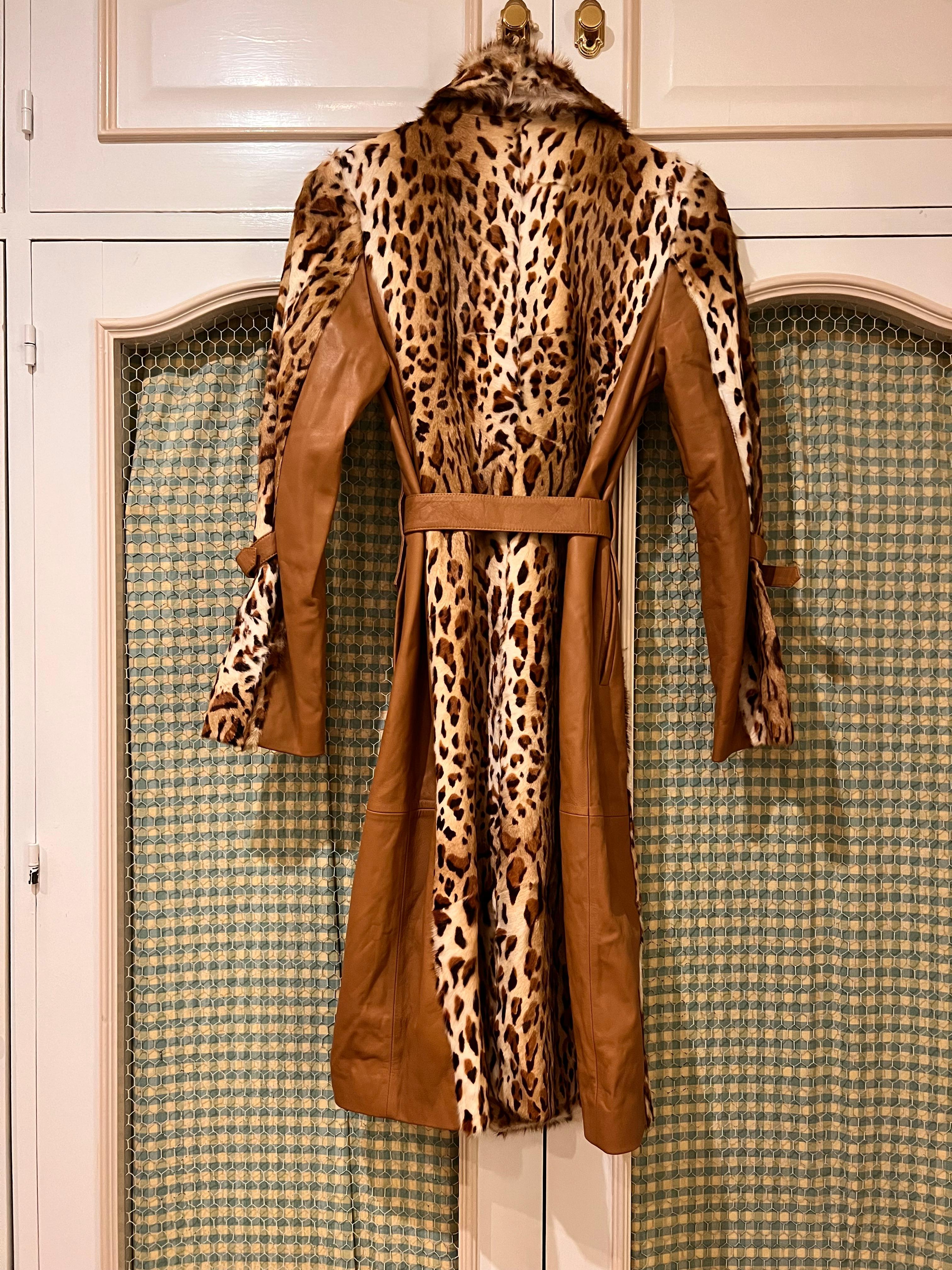 Long Leopard and brown Leather Coat For Sale 11