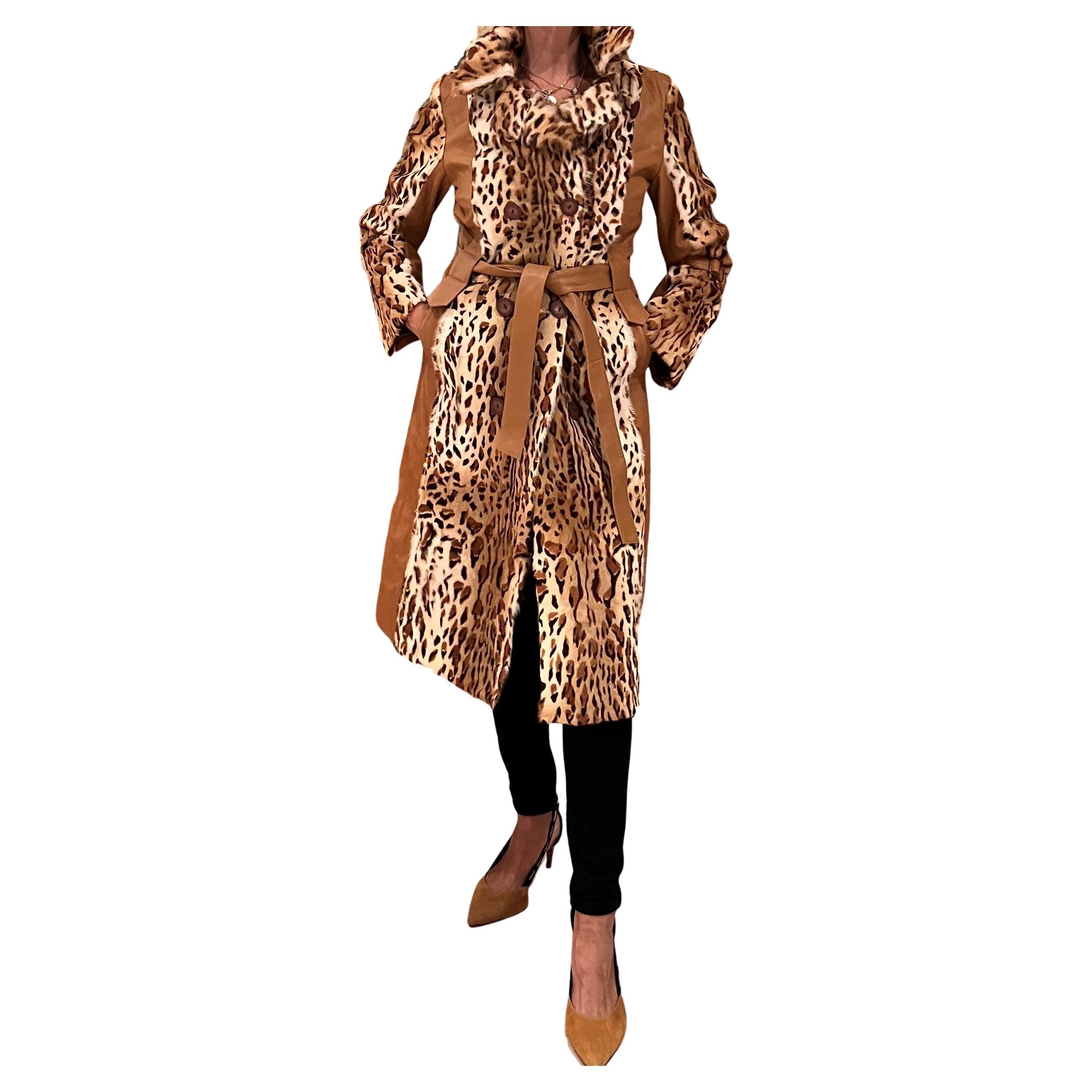Long Leopard and brown Leather Coat For Sale