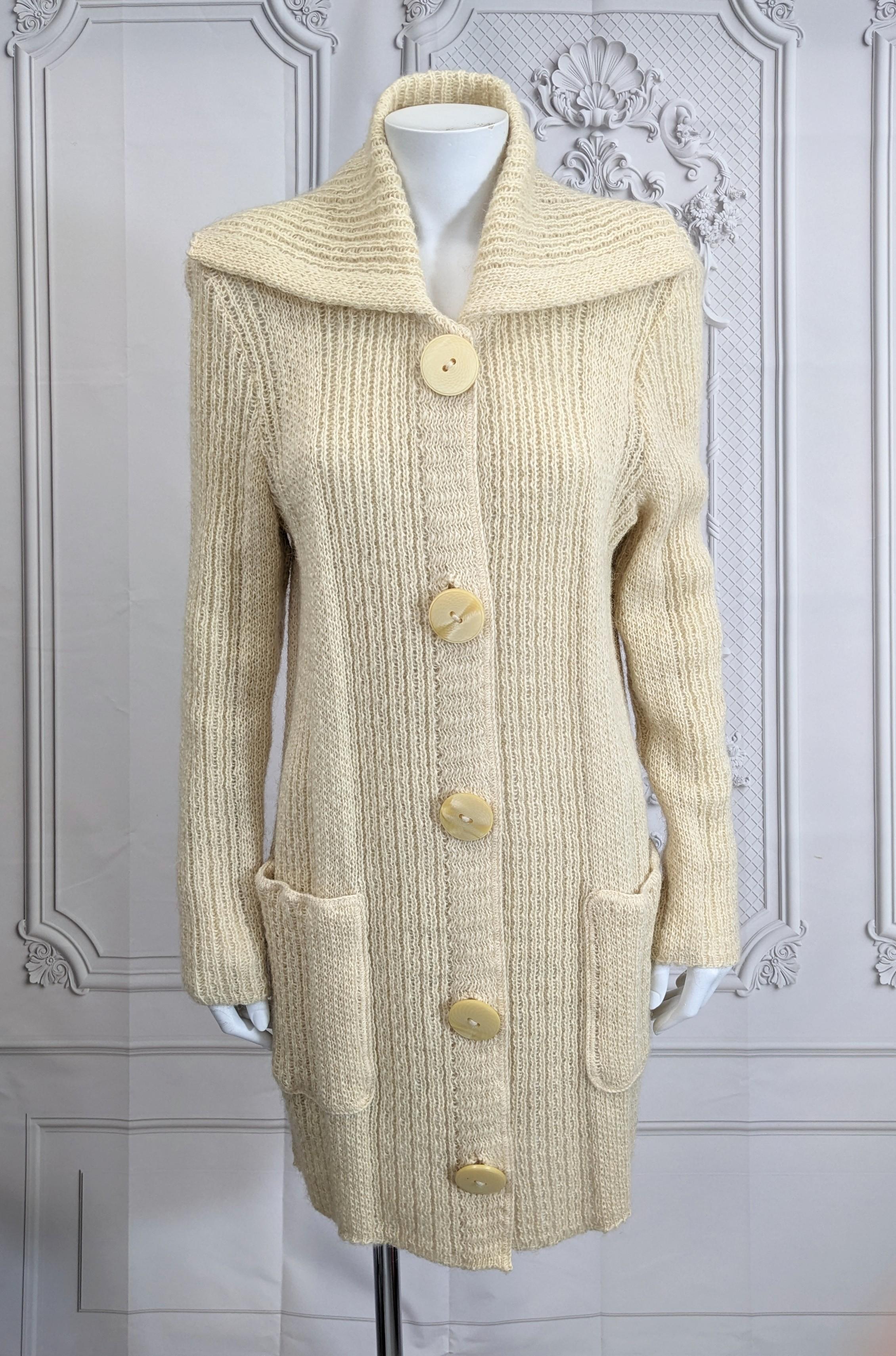 Beige Long Line Ribbed Wool Sweater Cardigan For Sale