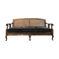 Long Louis XV Blue Purple Chippendale Cane Sofa and Fortuny Style Fabric 1900s