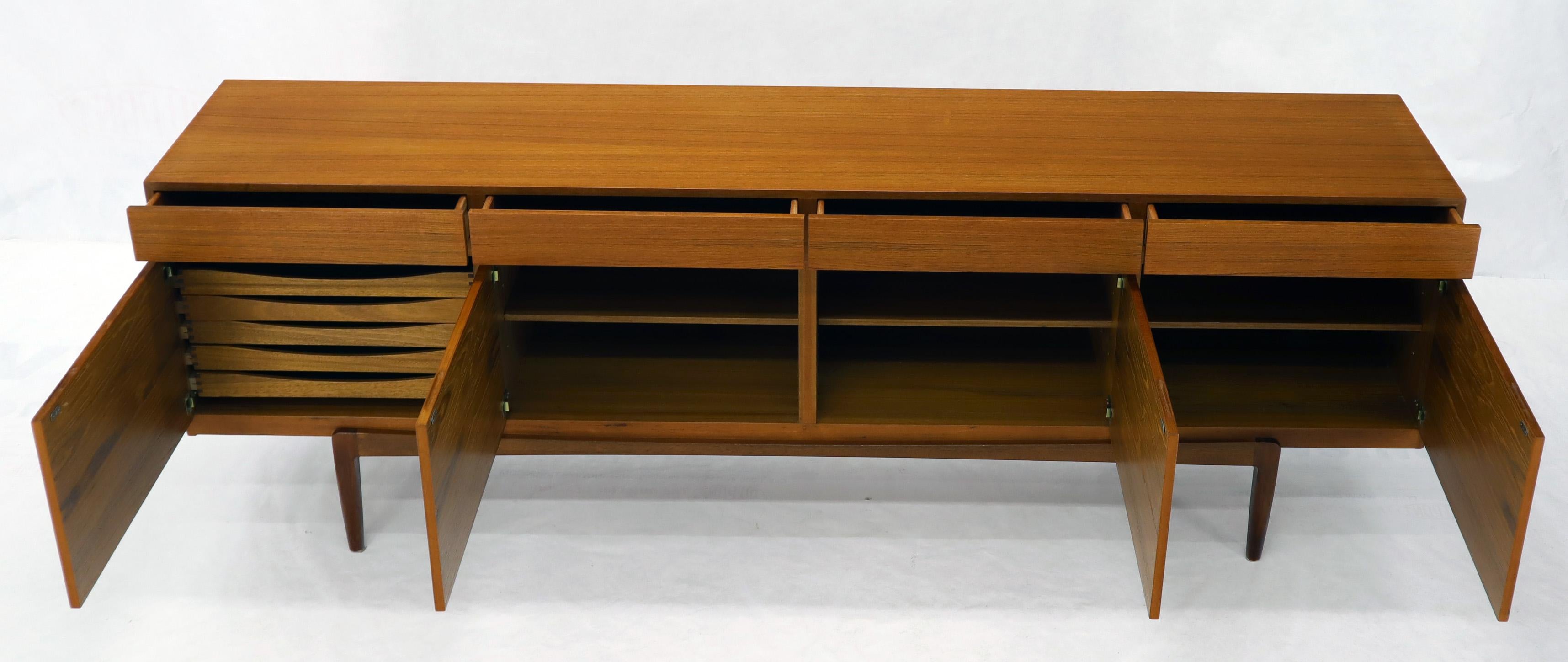 Long Low Danish Mid-Century Modern Credenza Four Doors and Drawers Compartments  In Excellent Condition In Rockaway, NJ