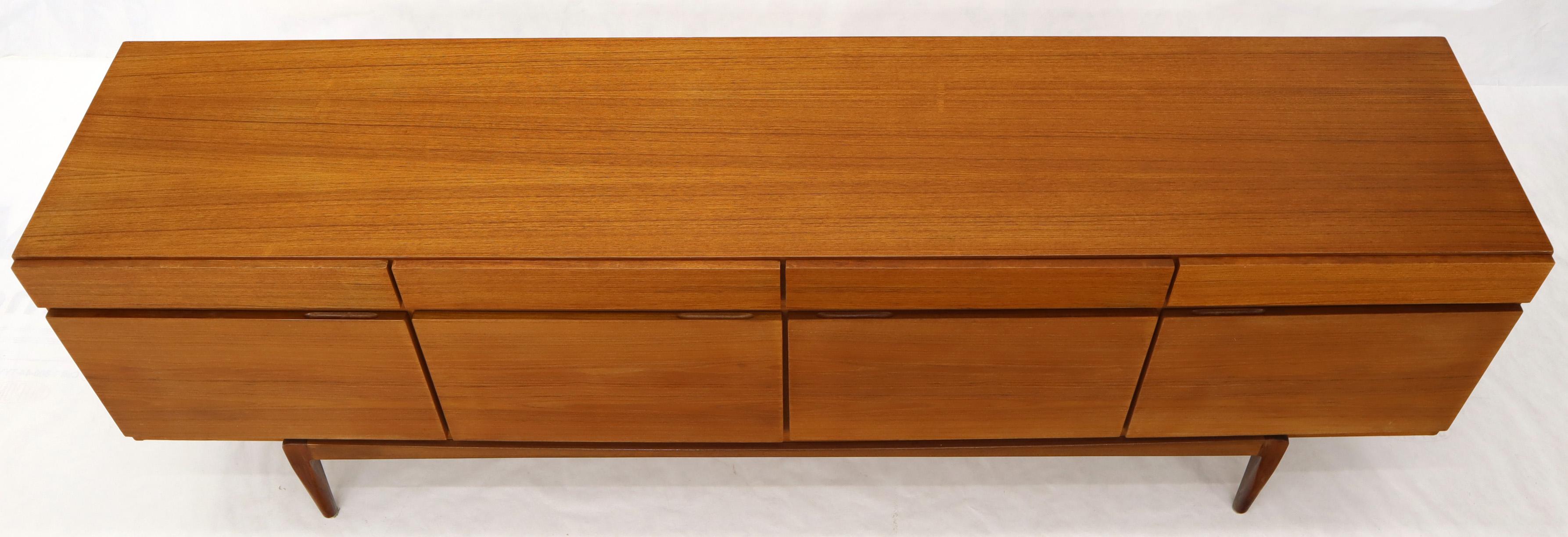 Teak Long Low Danish Mid-Century Modern Credenza Four Doors and Drawers Compartments 