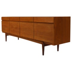 Long Low Danish Mid-Century Modern Credenza Four Doors and Drawers Compartments 