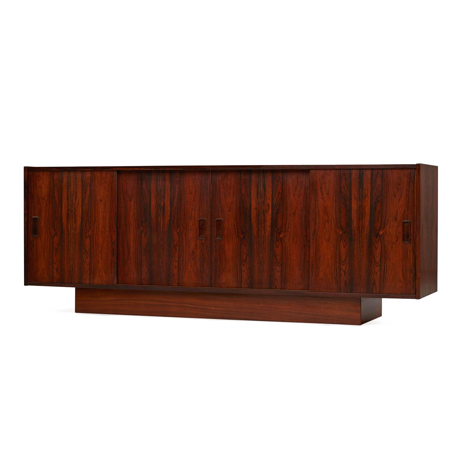 Late 20th Century Long Low Danish Modern Rosewood Sliding Door Front Credenza Media Cabinet