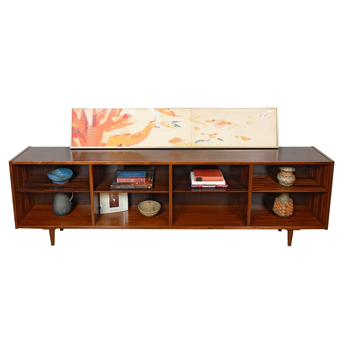 Mid-Century Modern Long + Low Danish Rosewood Open Bookcase Storage For Sale