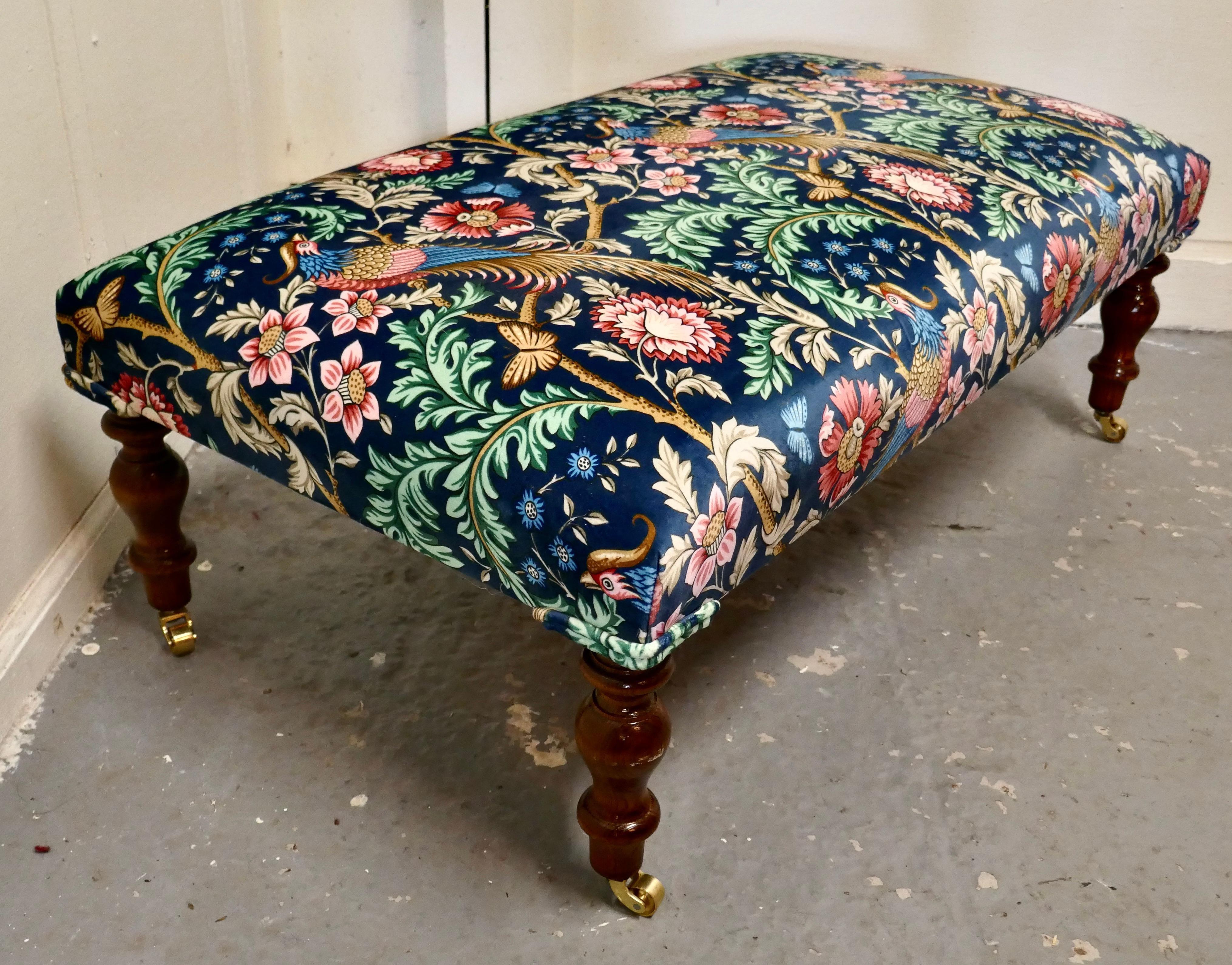 Arts and Crafts Long Low Stool Upholstered in Navy Liberty William Morris Velvet