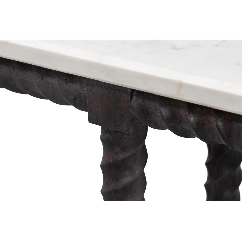 Consola larga con tapa de mármol y base giratoria de cebada en venta 4