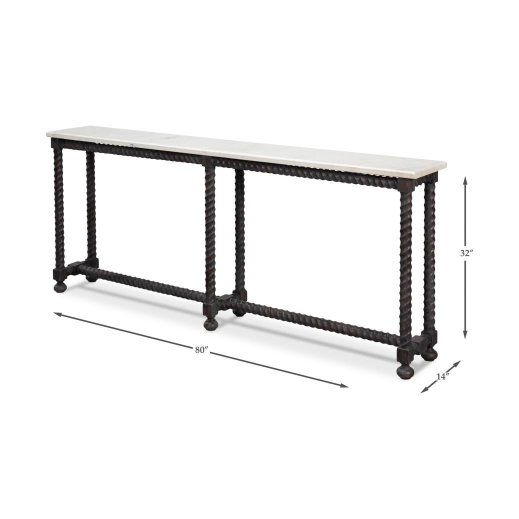 Consola larga con tapa de mármol y base giratoria de cebada en venta 5
