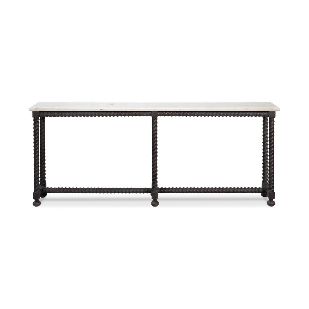 Consola larga con tapa de mármol y base giratoria de cebada clásico estadounidense en venta