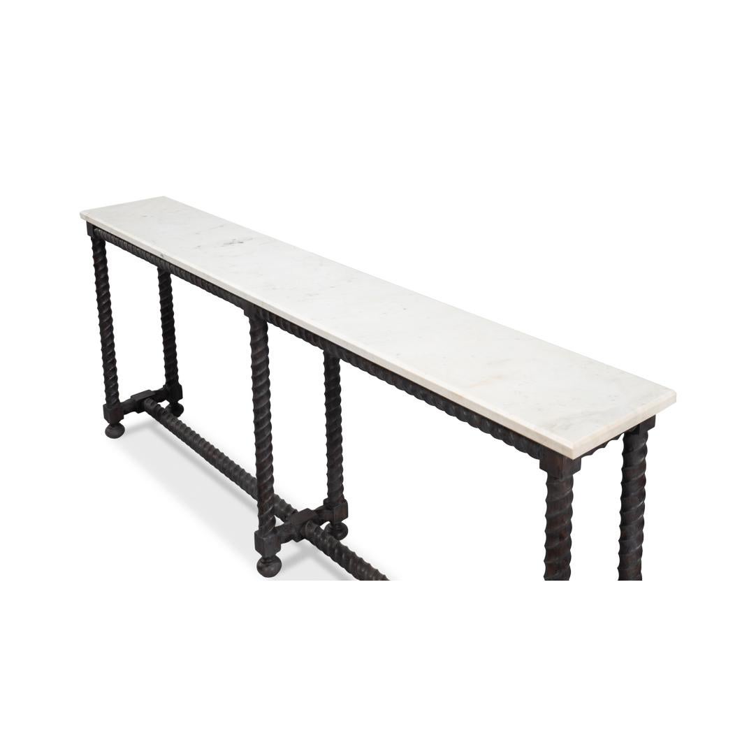 Consola larga con tapa de mármol y base giratoria de cebada en Nuevo estado para la venta en Westwood, NJ