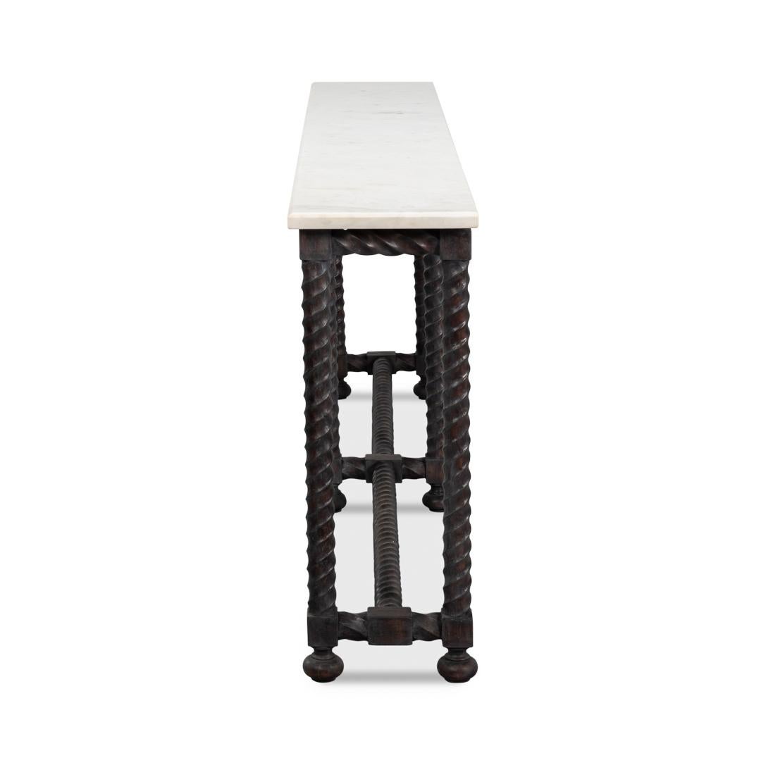 Consola larga con tapa de mármol y base giratoria de cebada en venta 1