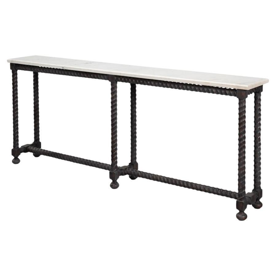Consola larga con tapa de mármol y base giratoria de cebada en venta