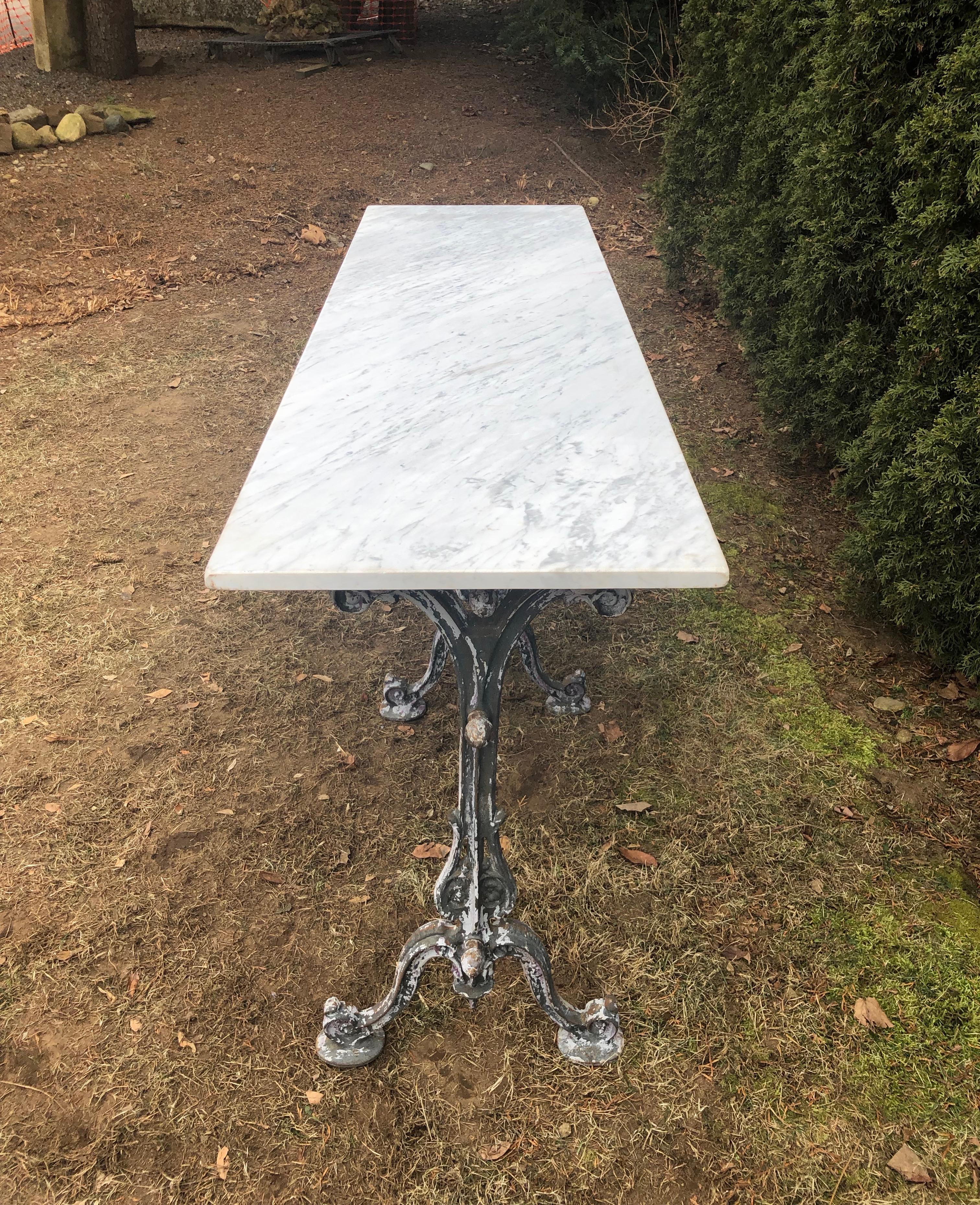 Long Marble-Topped Belgian Cast Iron Console Table In Good Condition In Woodbury, CT