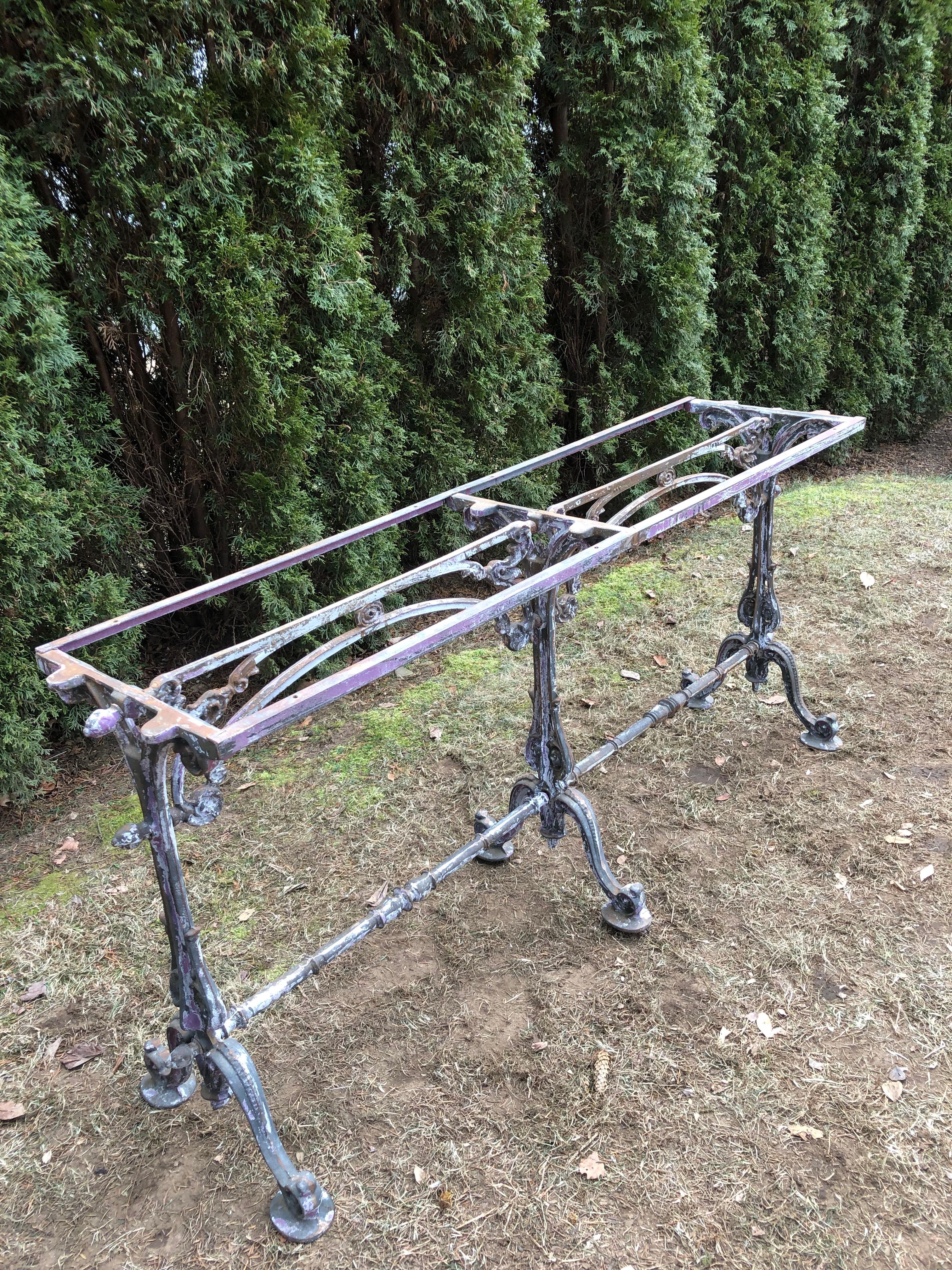 Long Marble-Topped Belgian Cast Iron Console Table with Art Nouveau Supports 3