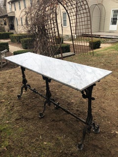 Long Marble-Topped Belgian Cast Iron Console Table with Art Nouveau Supports