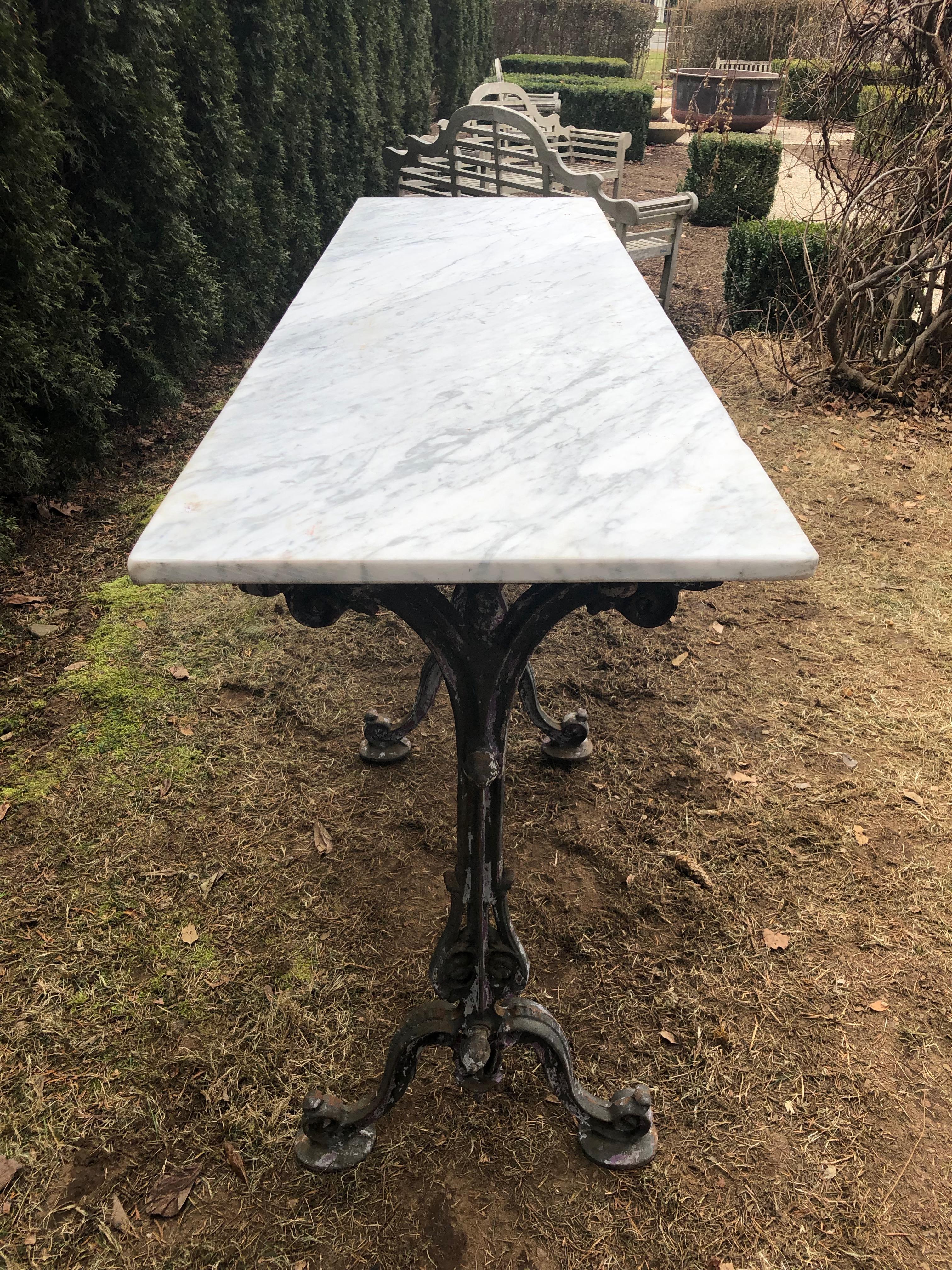Long Marble-Topped Belgian Cast Iron Console Table with Art Nouveau Supports In Good Condition In Woodbury, CT