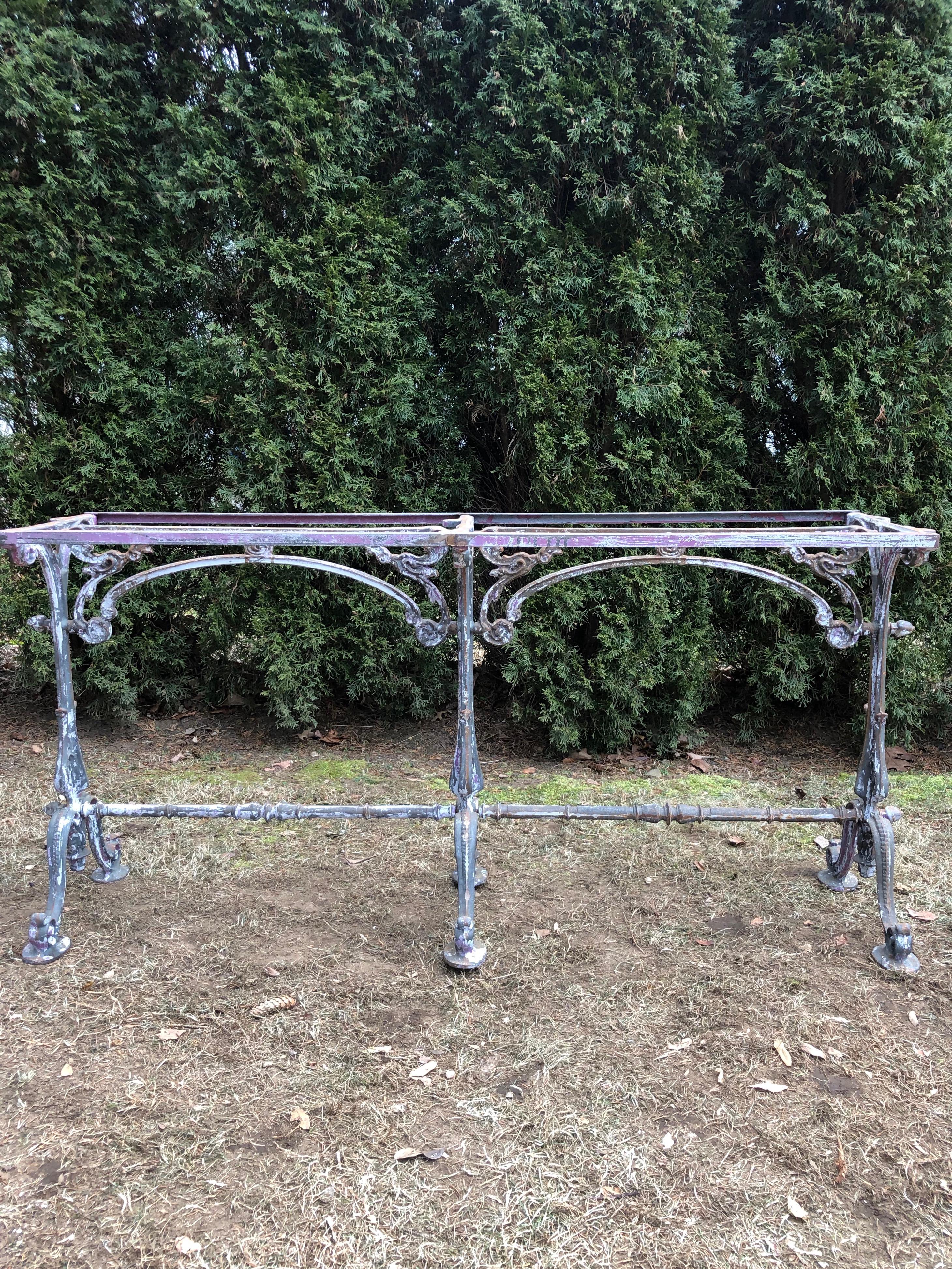 Long Marble-Topped Belgian Cast Iron Console Table with Art Nouveau Supports 2