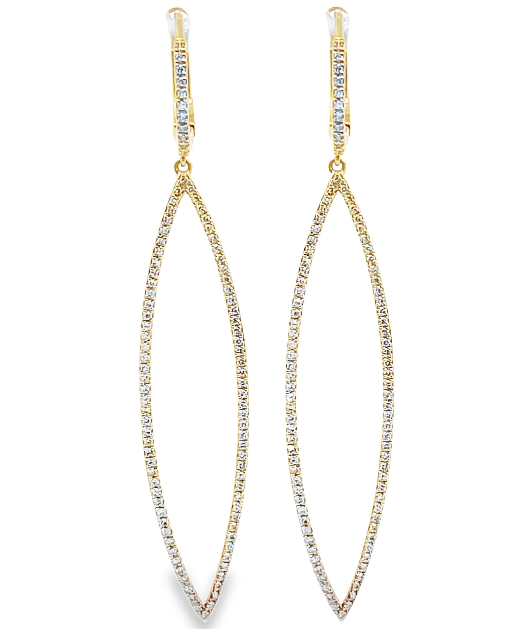Pendientes Marquesa Largos de Oro Amarillo de 14K y Diamantes con Cierre Trasero Contemporáneo en venta