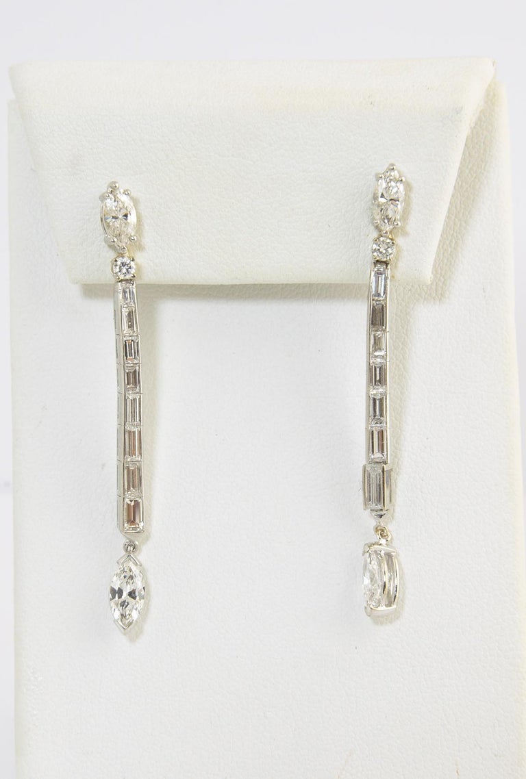 Long Marquise and Baguette Diamond Dangling Earrings For Sale at 1stDibs
