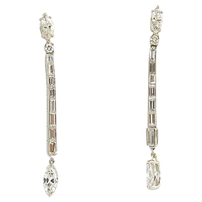 Long Marquise and Baguette Diamond Dangling Earrings For Sale