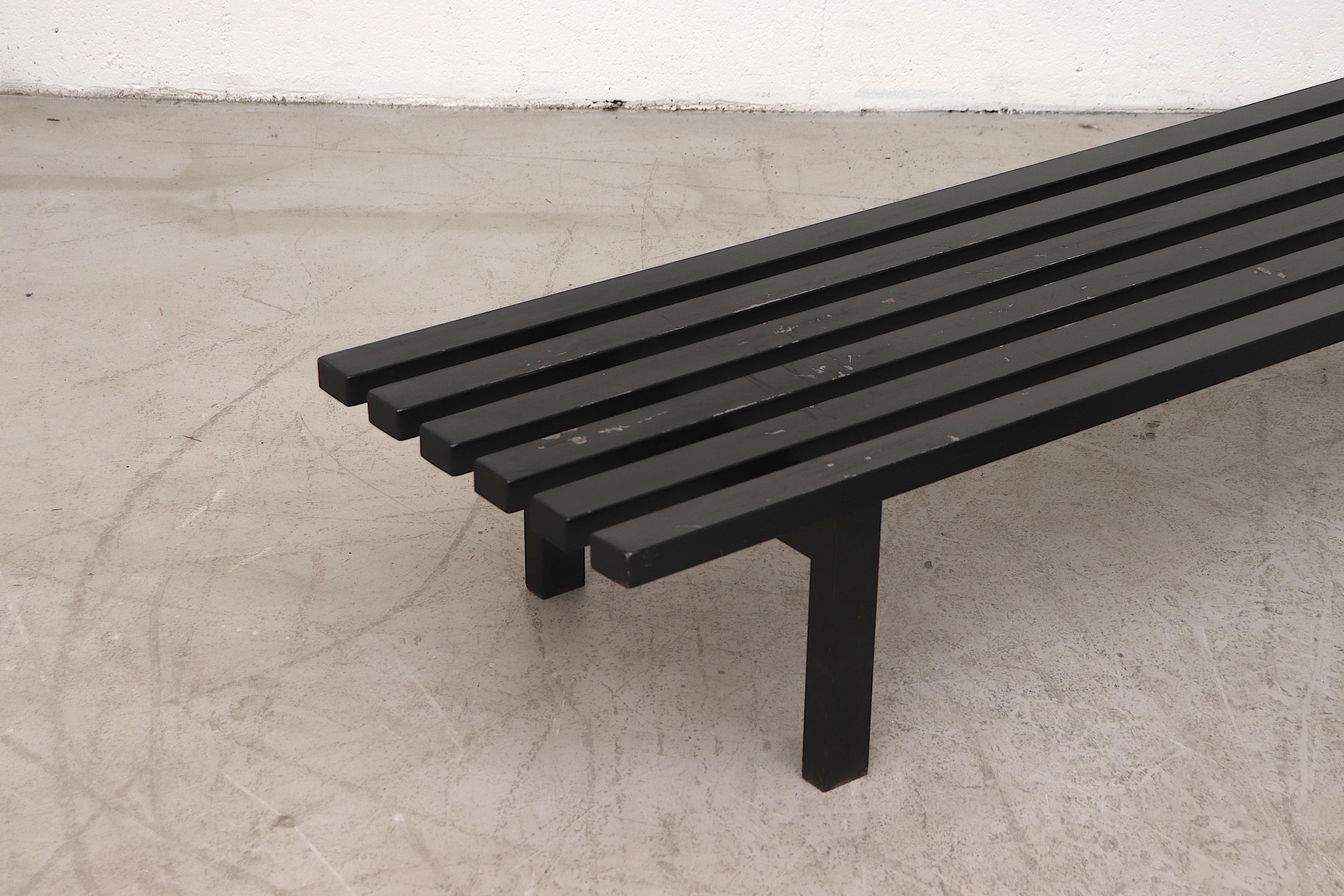 Large martin Visser style industrial slat benches in black enameled metal. In very original condition with visible enamel wear and scratching. Priced individually. Similar smaller benches in brown enameled metal (LU922418079391) Also available.