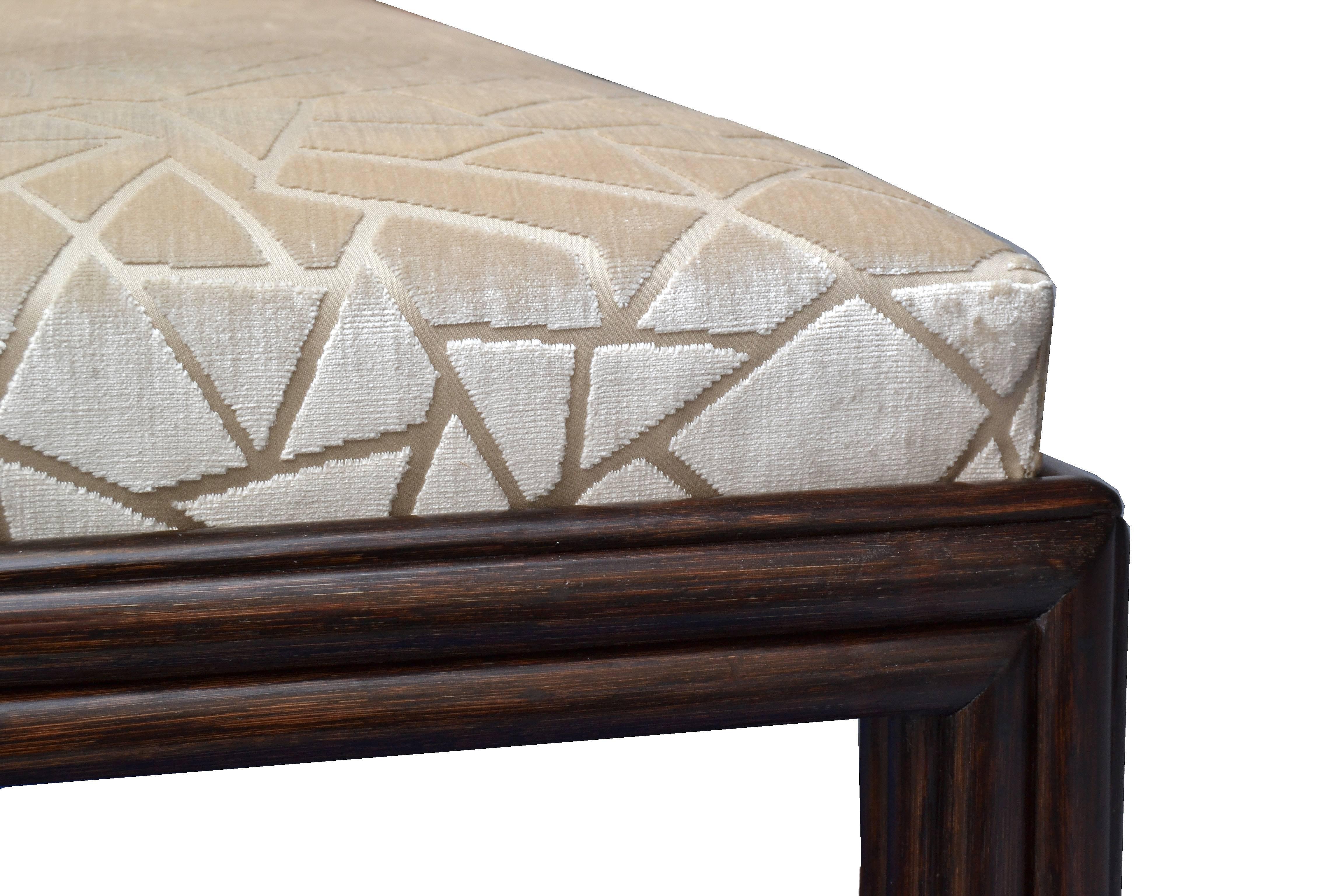 Mid-Century Modern Long McGuire Rattan Bench with Fabric Upholstery 1