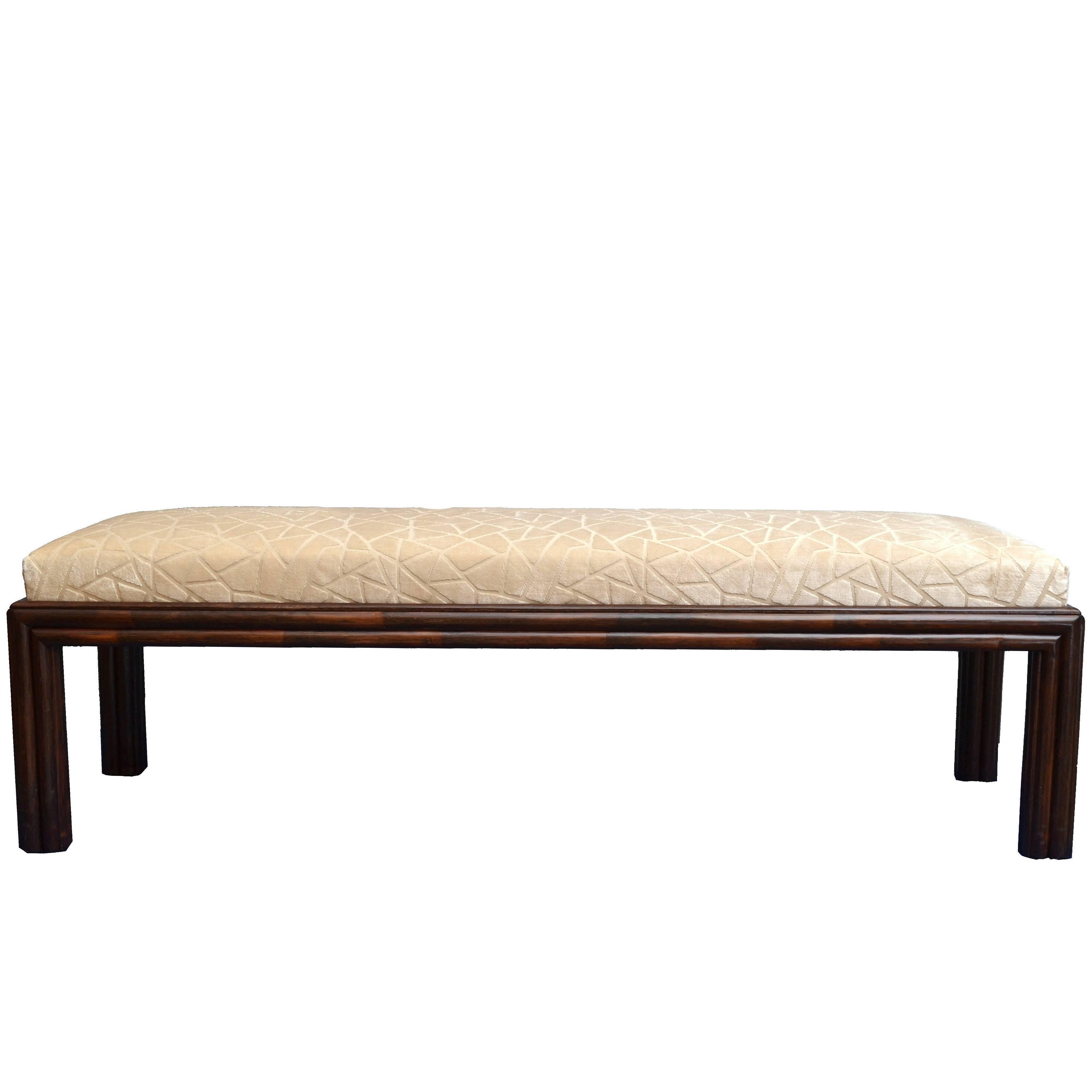 Mid-Century Modern Long McGuire Rattan Bench with Fabric Upholstery