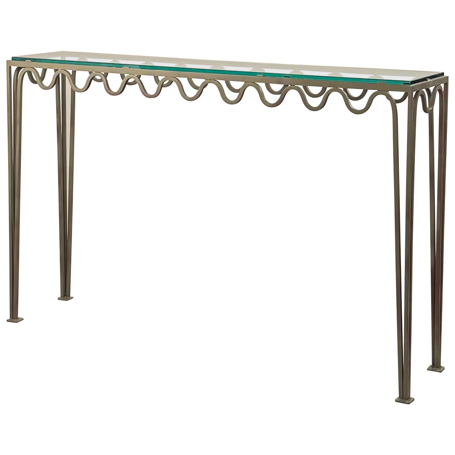 Long 'Méandre' Verdigris and Glass Console by Design Frères