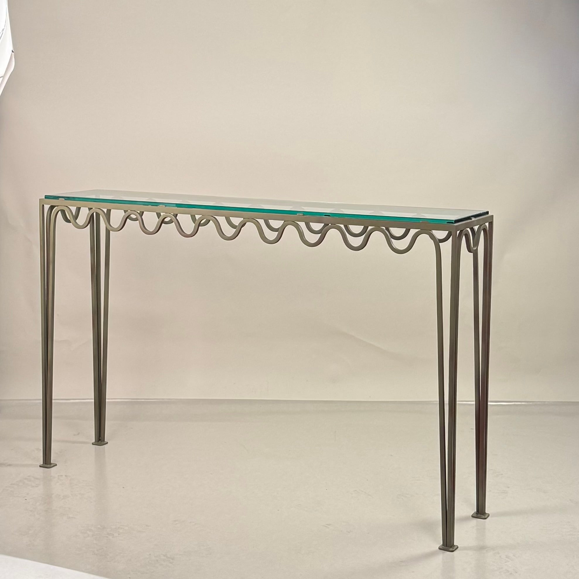 Long 'Méandre' Verdigris and Glass Console by Design Frères