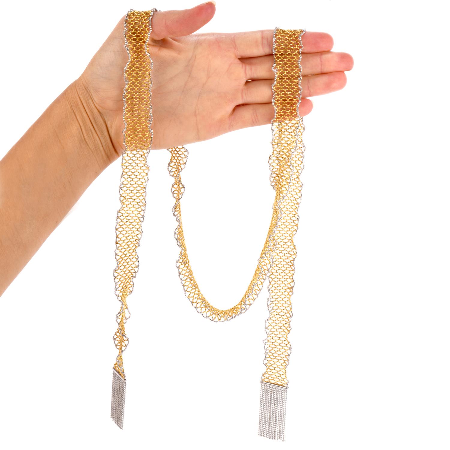 Collier italien 18 carats en forme de foulard en or à longues mailles en vente 1